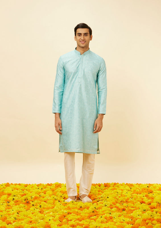 Twamev Men Icy Blue Bel Buti Printed Kurta Set