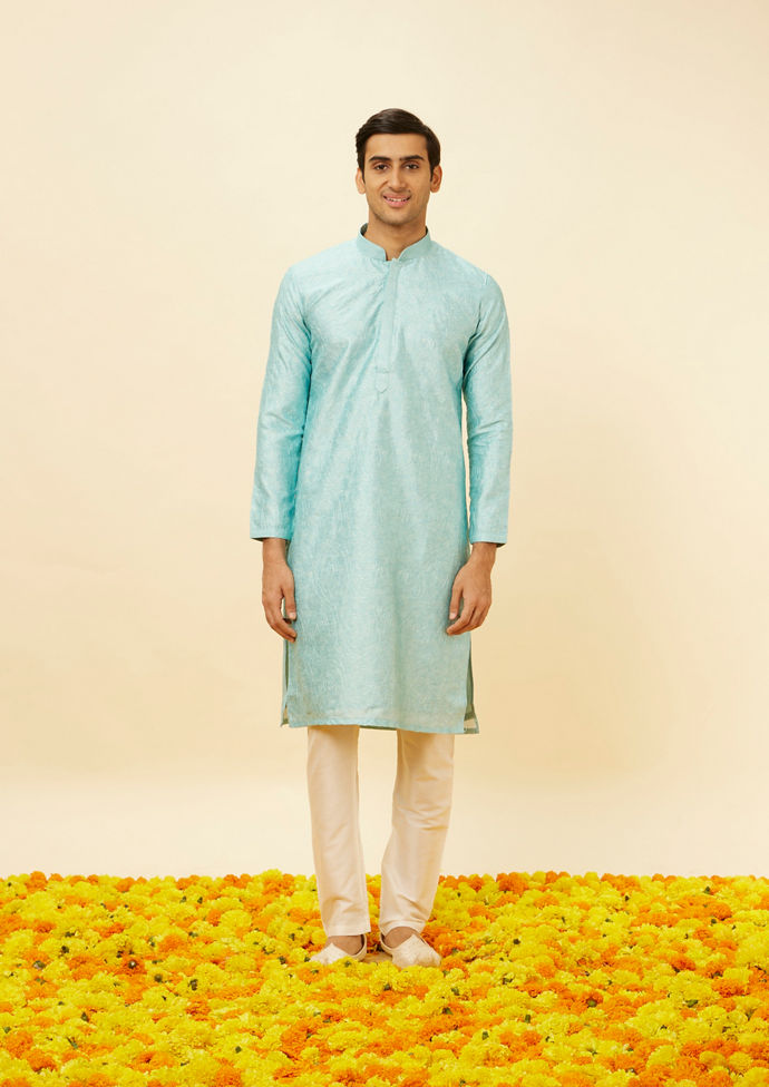 Twamev Men Icy Blue Bel Buti Printed Kurta Set