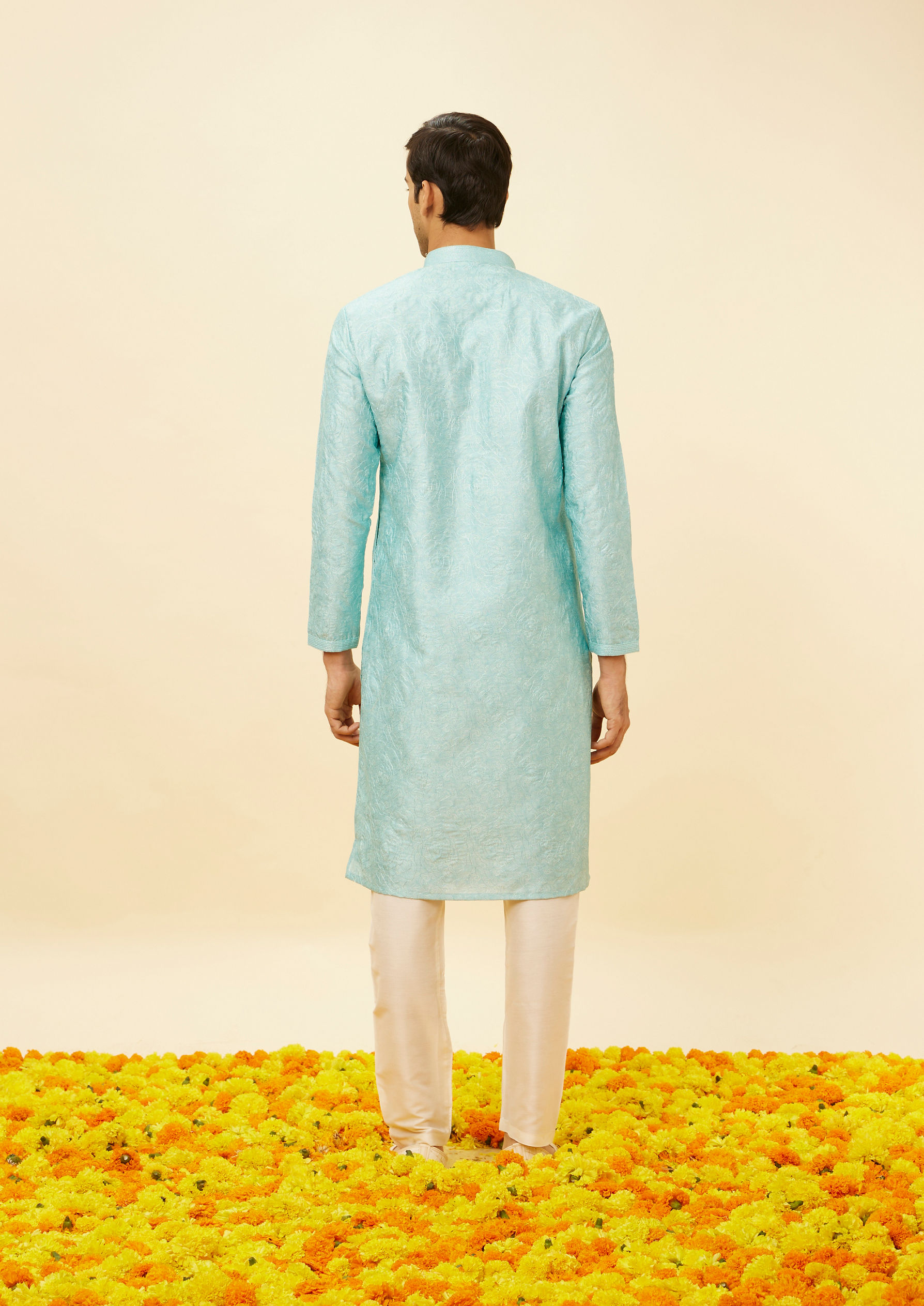 Twamev Men Icy Blue Bel Buti Printed Kurta Set