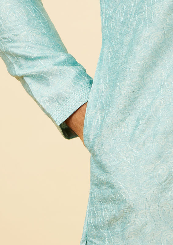 Twamev Men Icy Blue Bel Buti Printed Kurta Set