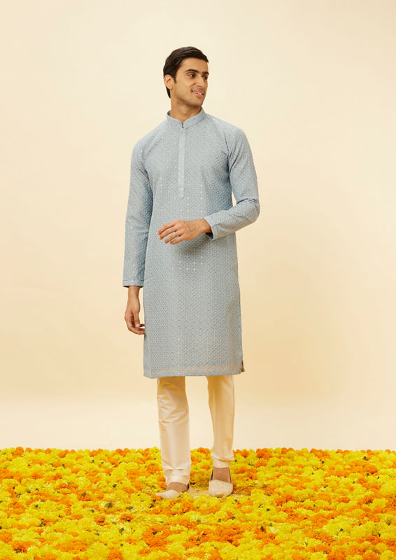 Twamev Men Serene Blue Sequined Chikankari Kurta Set