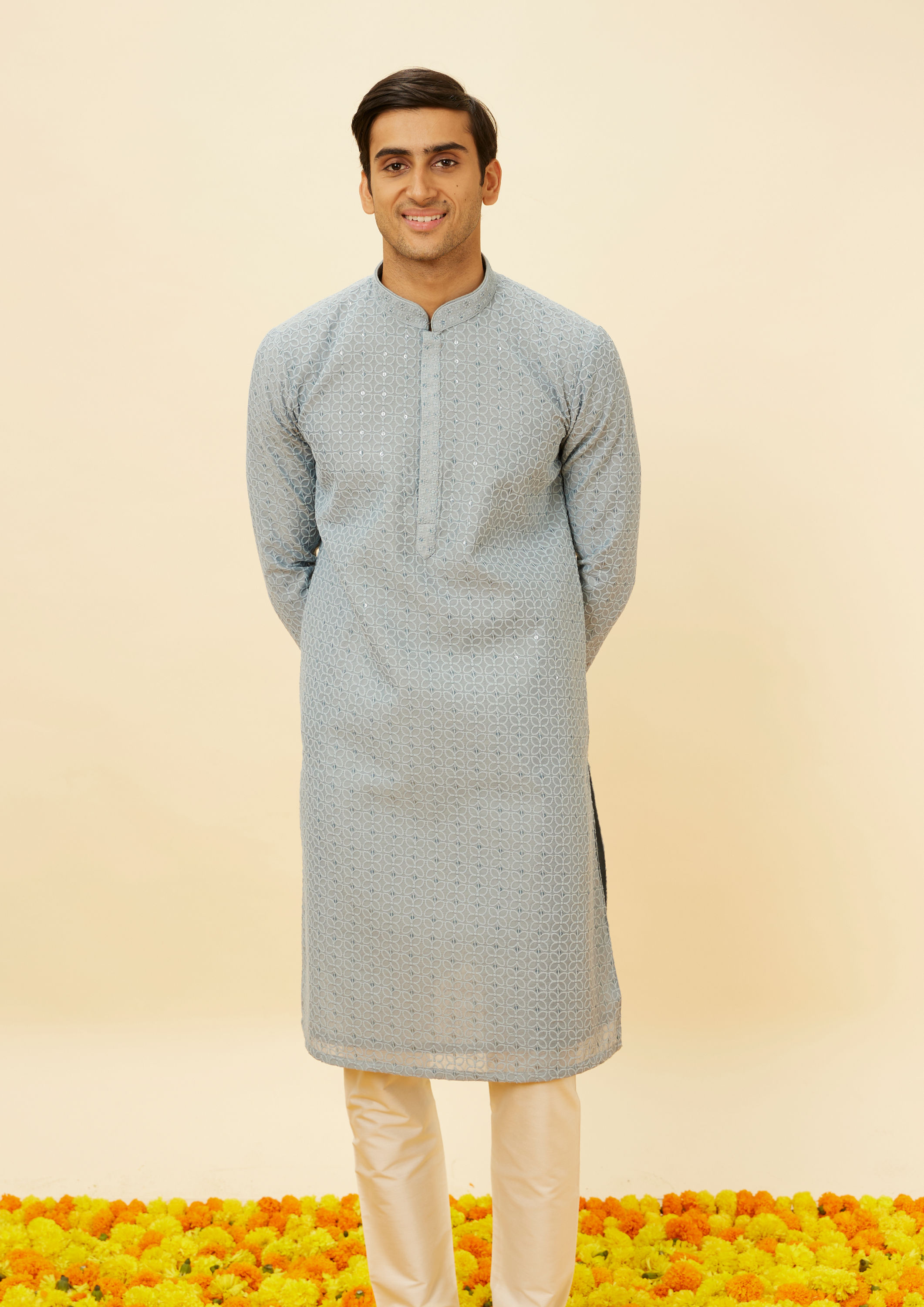 Twamev Men Serene Blue Sequined Chikankari Kurta Set
