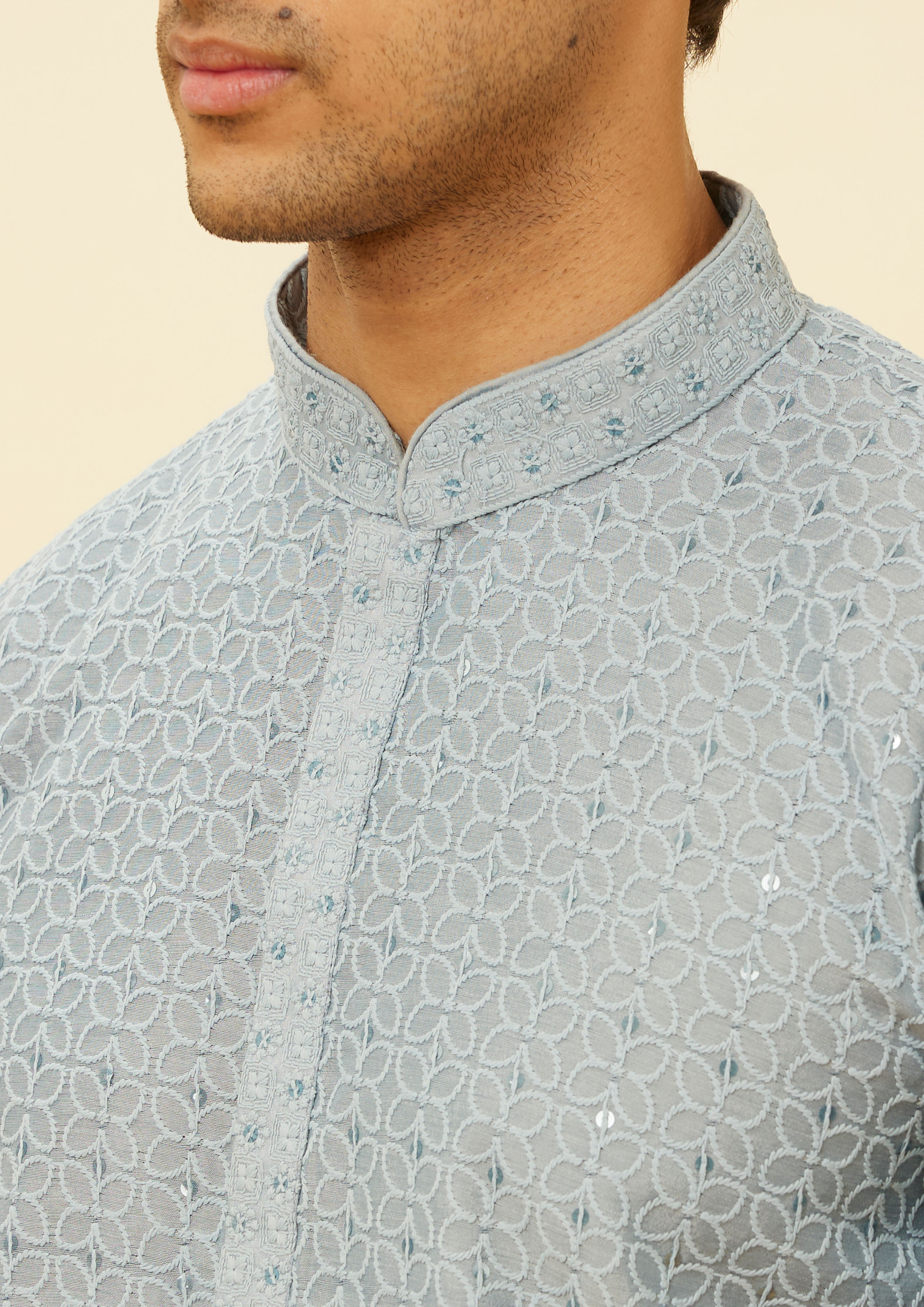 Twamev Men Serene Blue Sequined Chikankari Kurta Set
