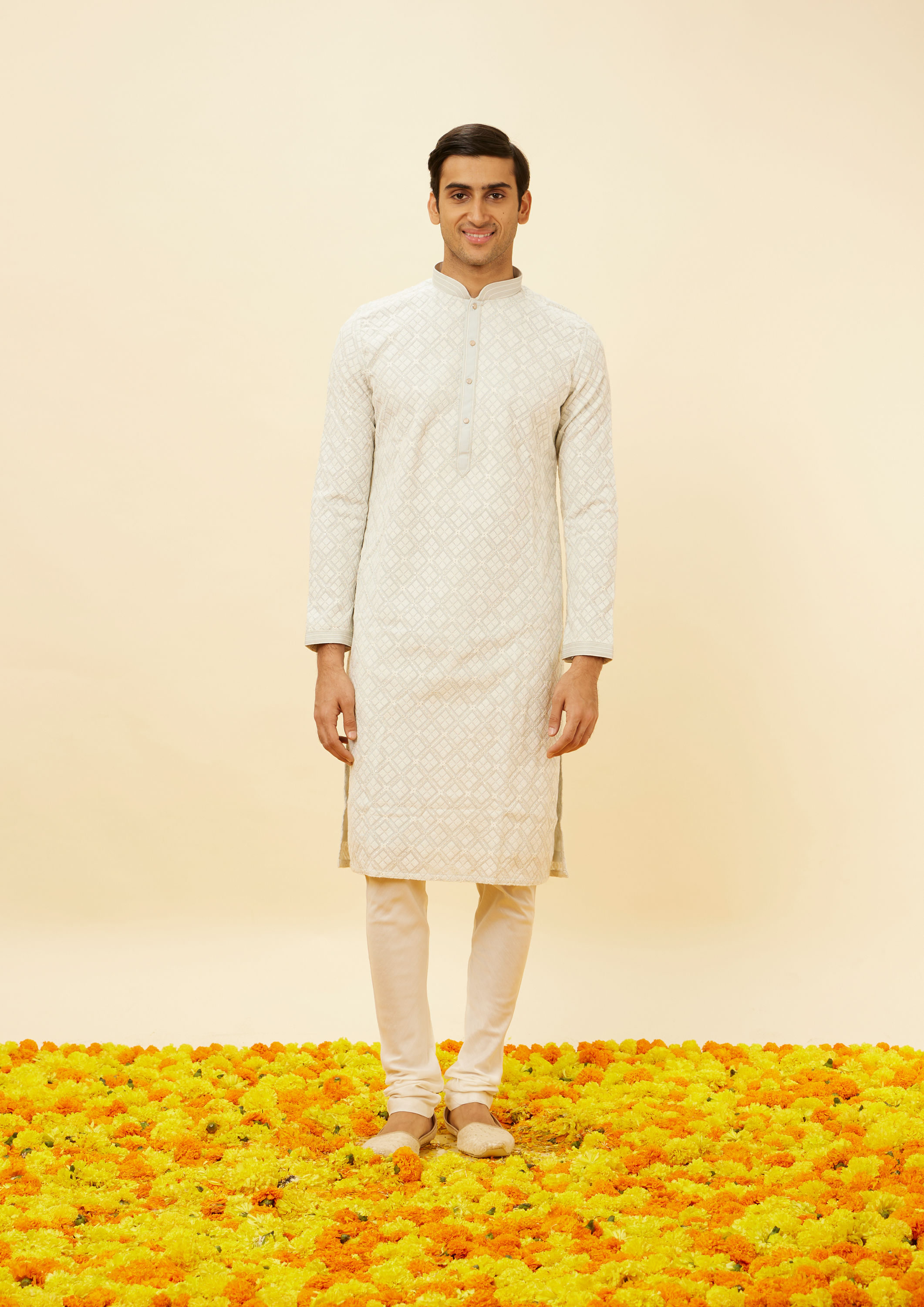 Twamev Men Mist Blue Sequined Chikankari Kurta Set