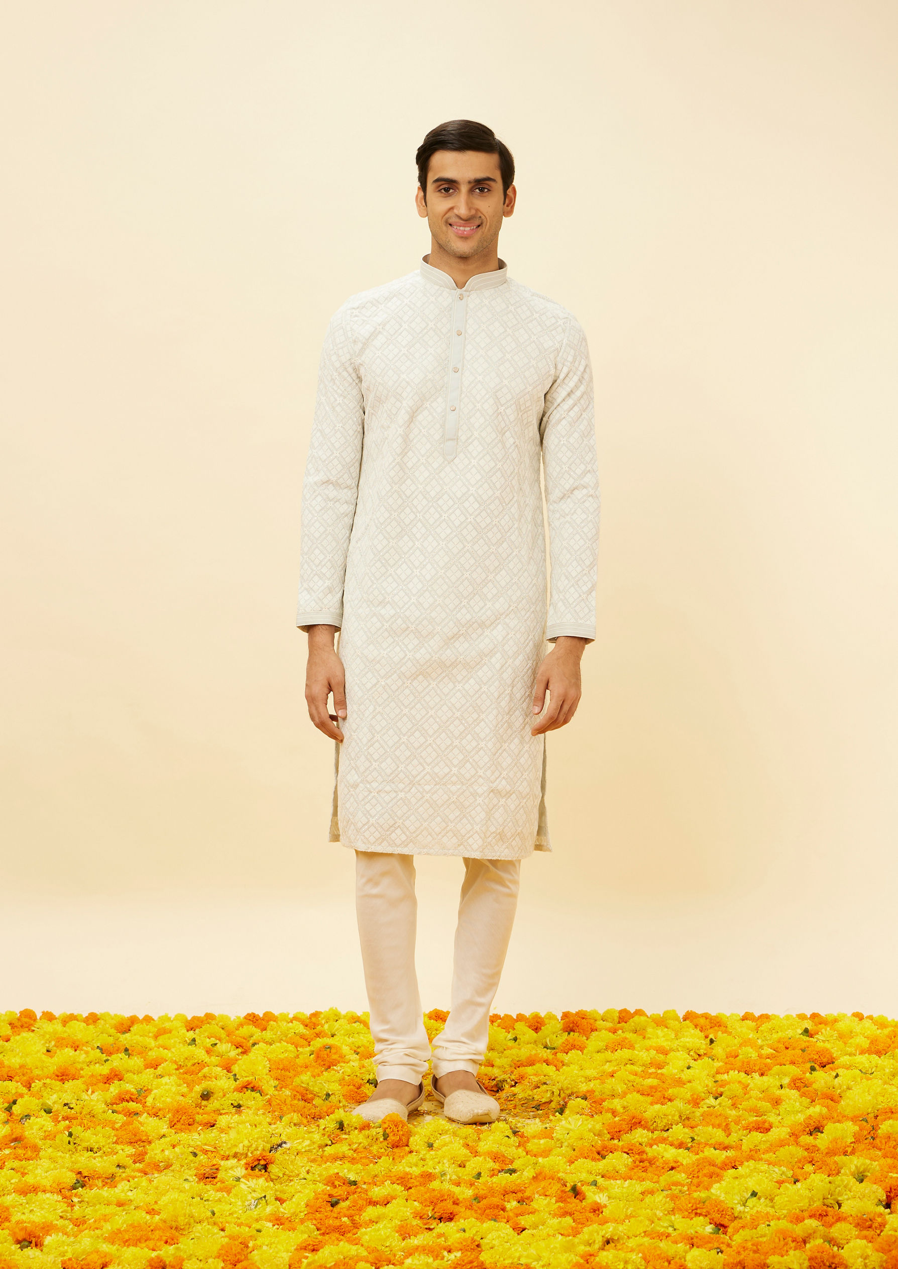 Twamev Men Mist Blue Sequined Chikankari Kurta Set
