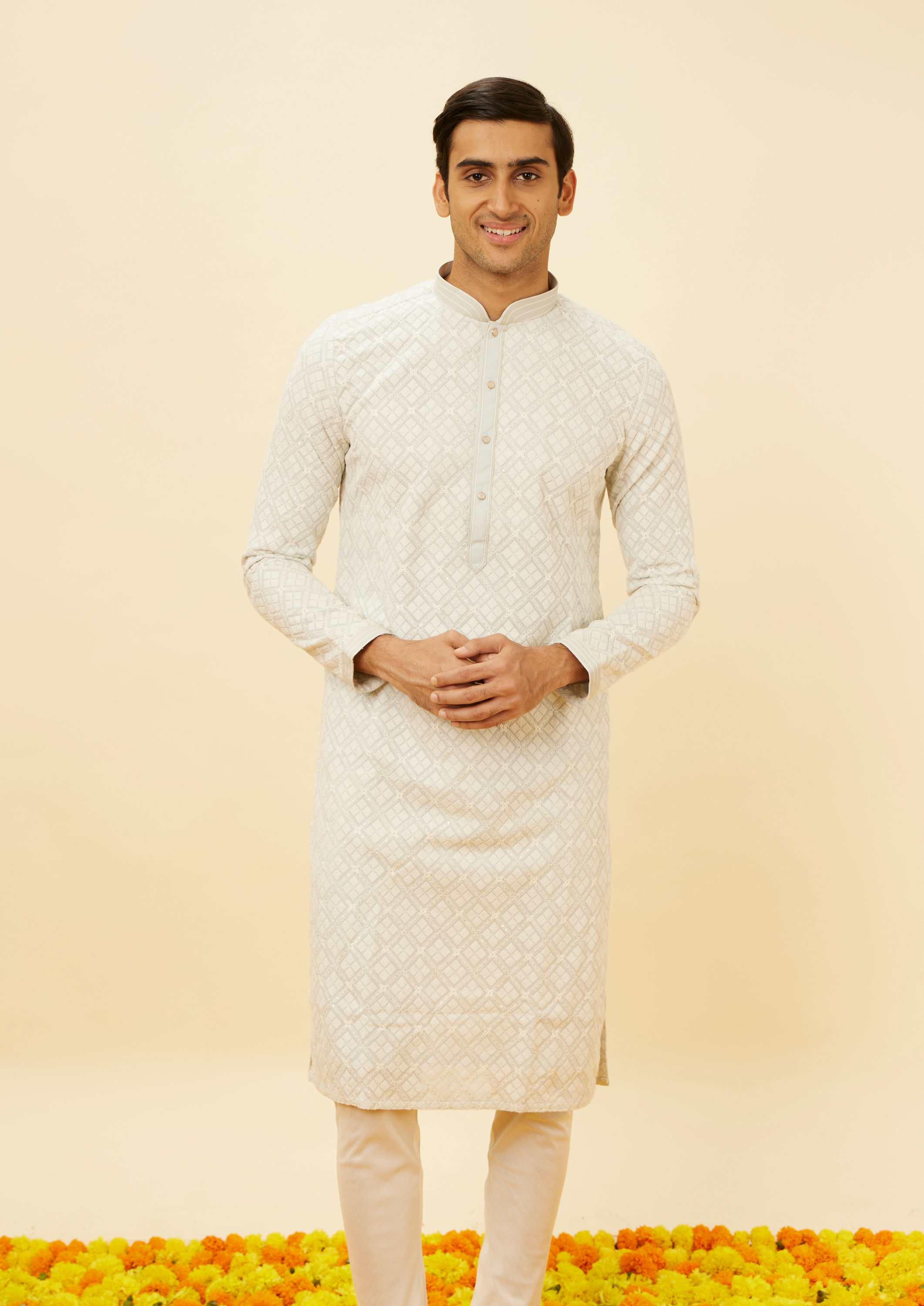 Twamev Men Mist Blue Sequined Chikankari Kurta Set