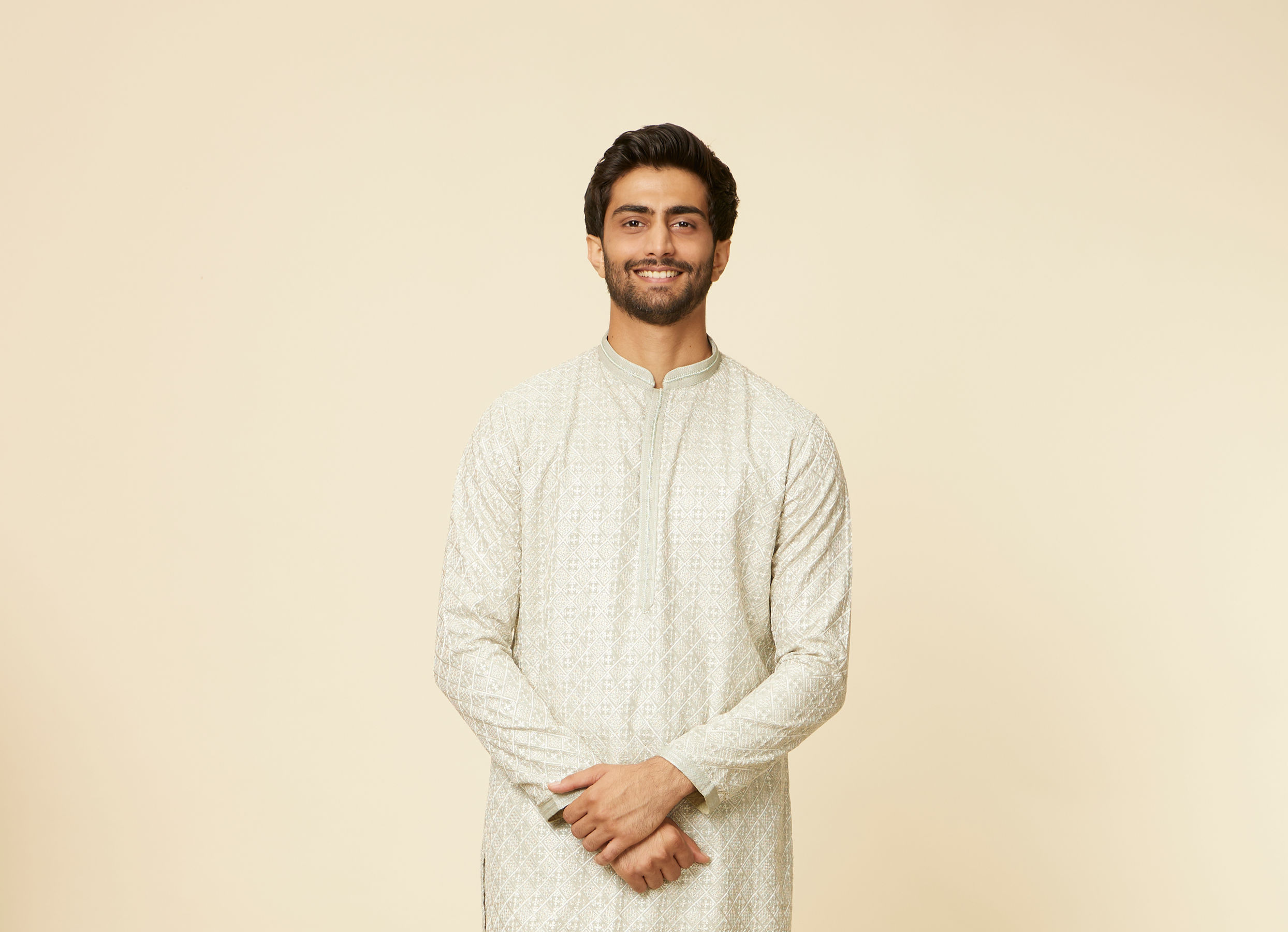 Twamev Men Pista Green Self Patterned Kurta set