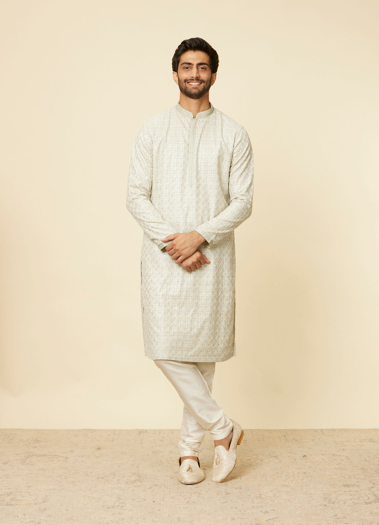 Twamev Men Pista Green Self Patterned Kurta set