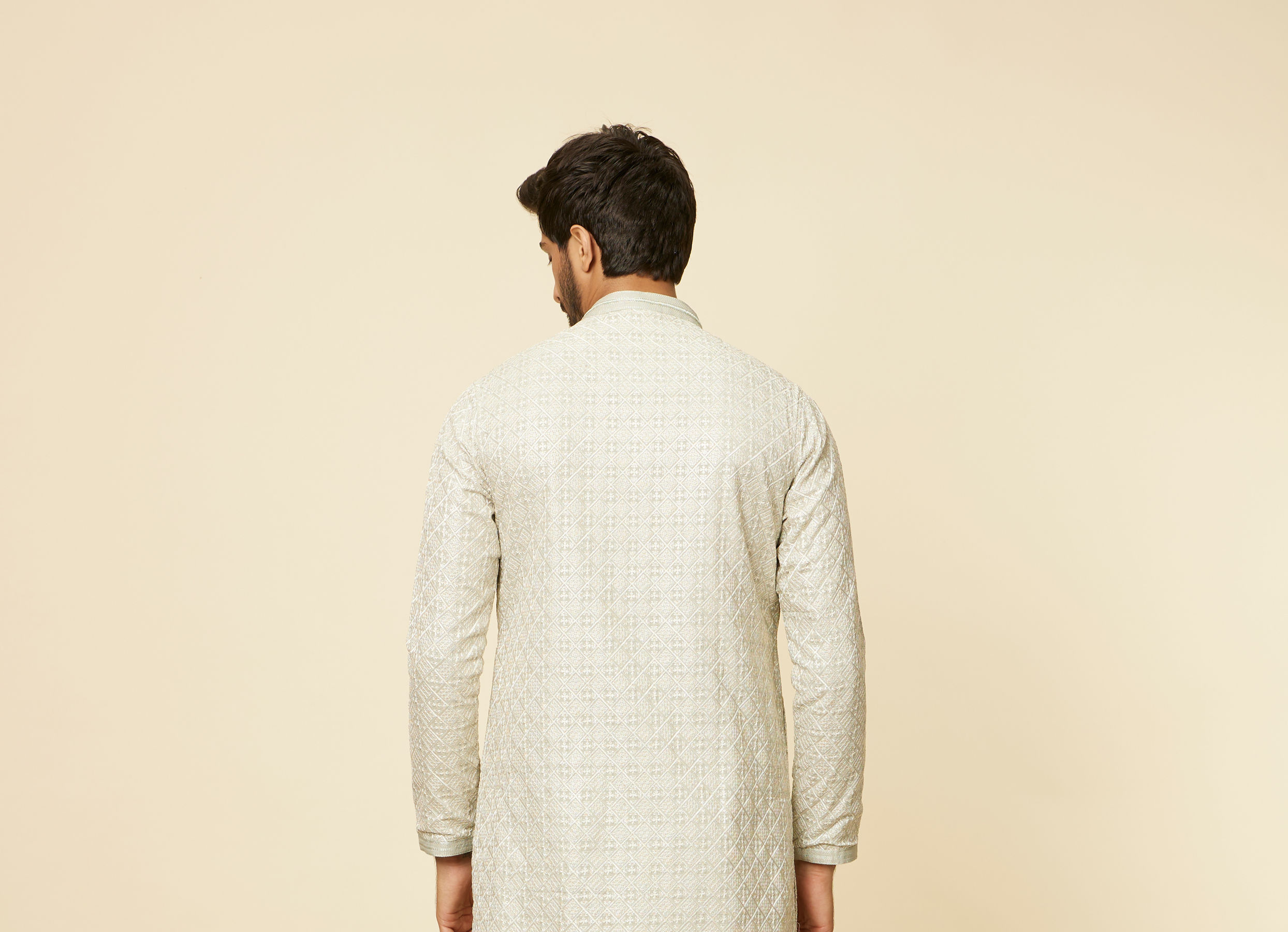 Twamev Men Pista Green Self Patterned Kurta set