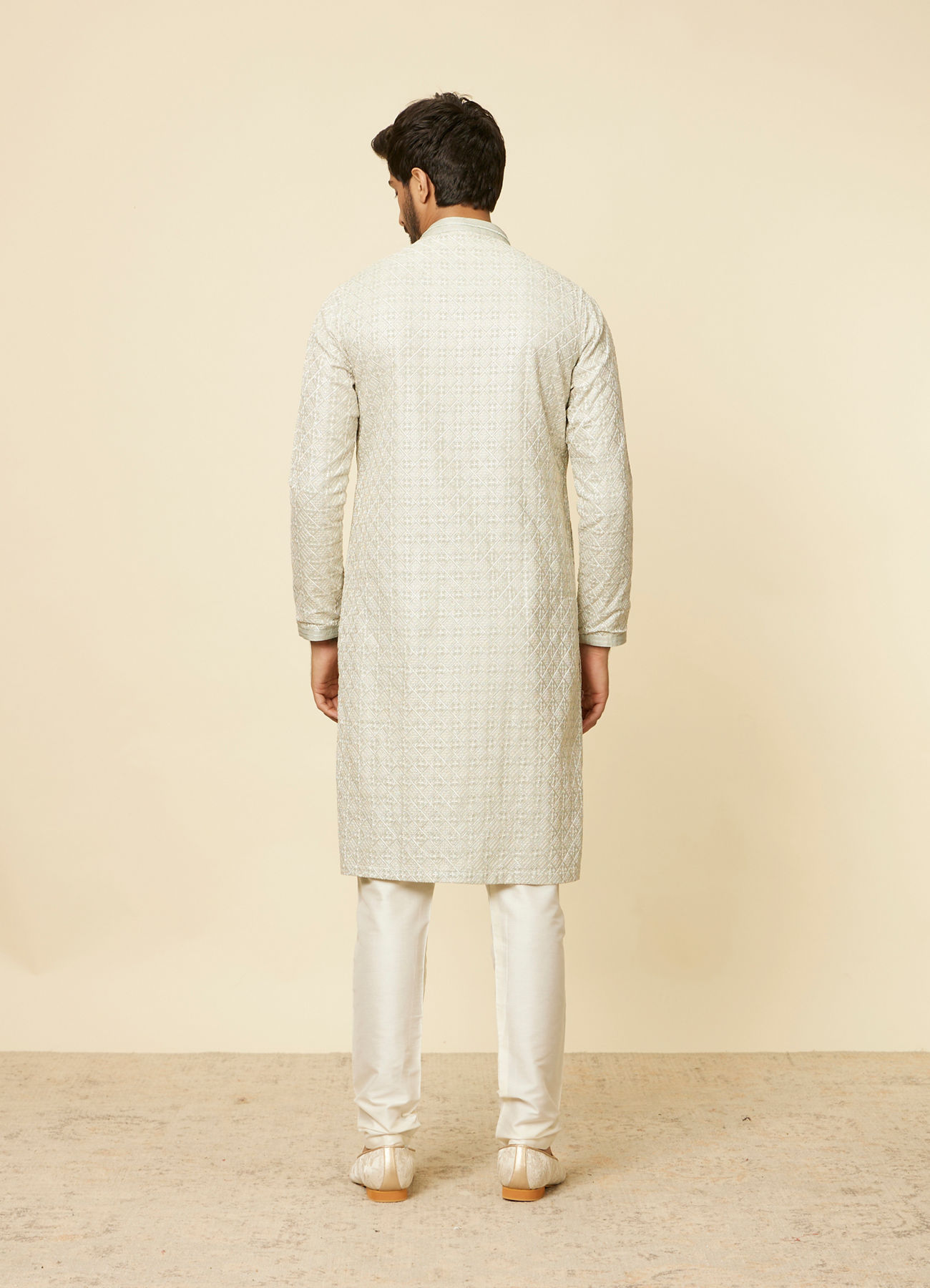 Twamev Men Pista Green Self Patterned Kurta set