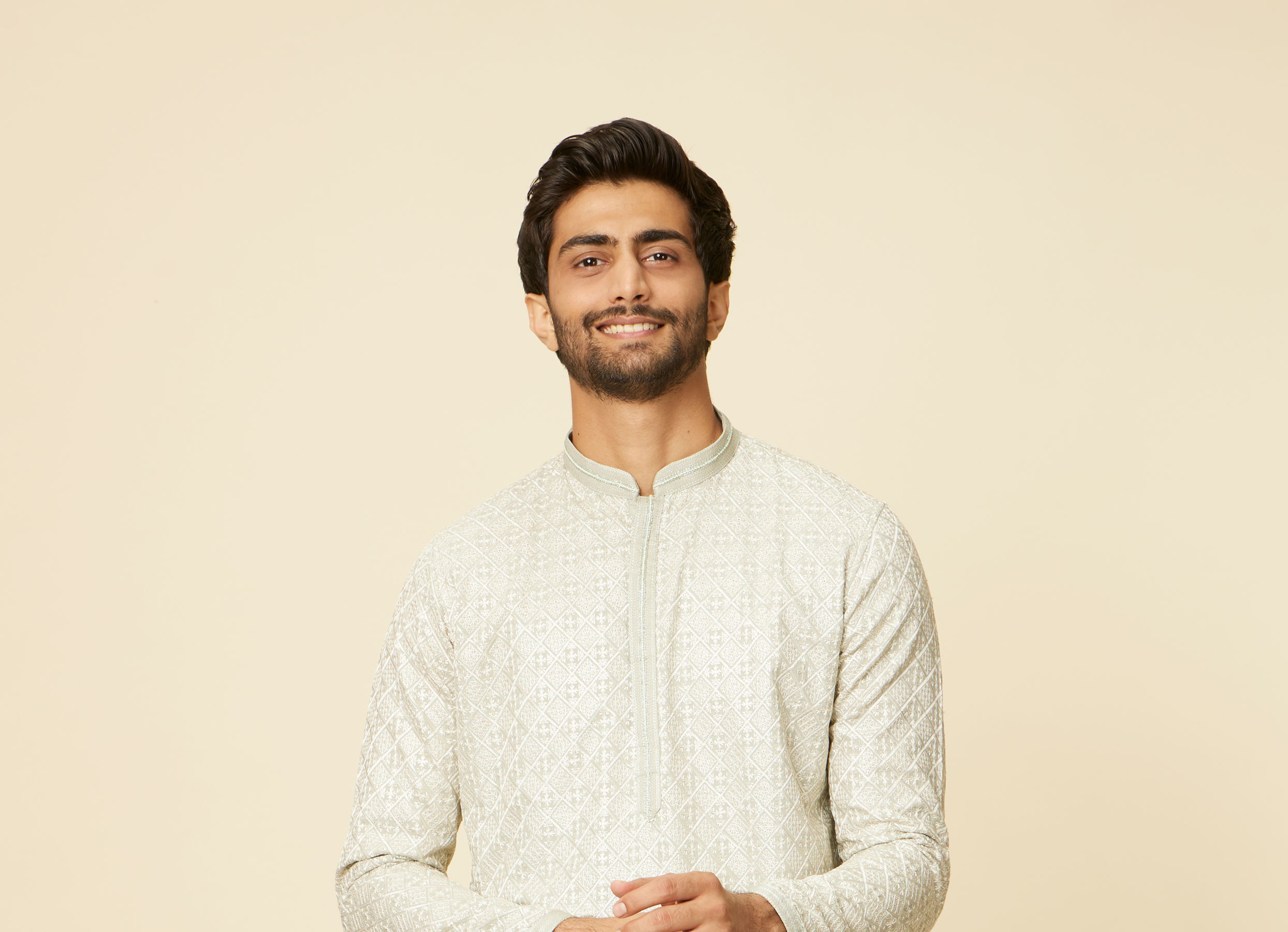 Twamev Men Pista Green Self Patterned Kurta set