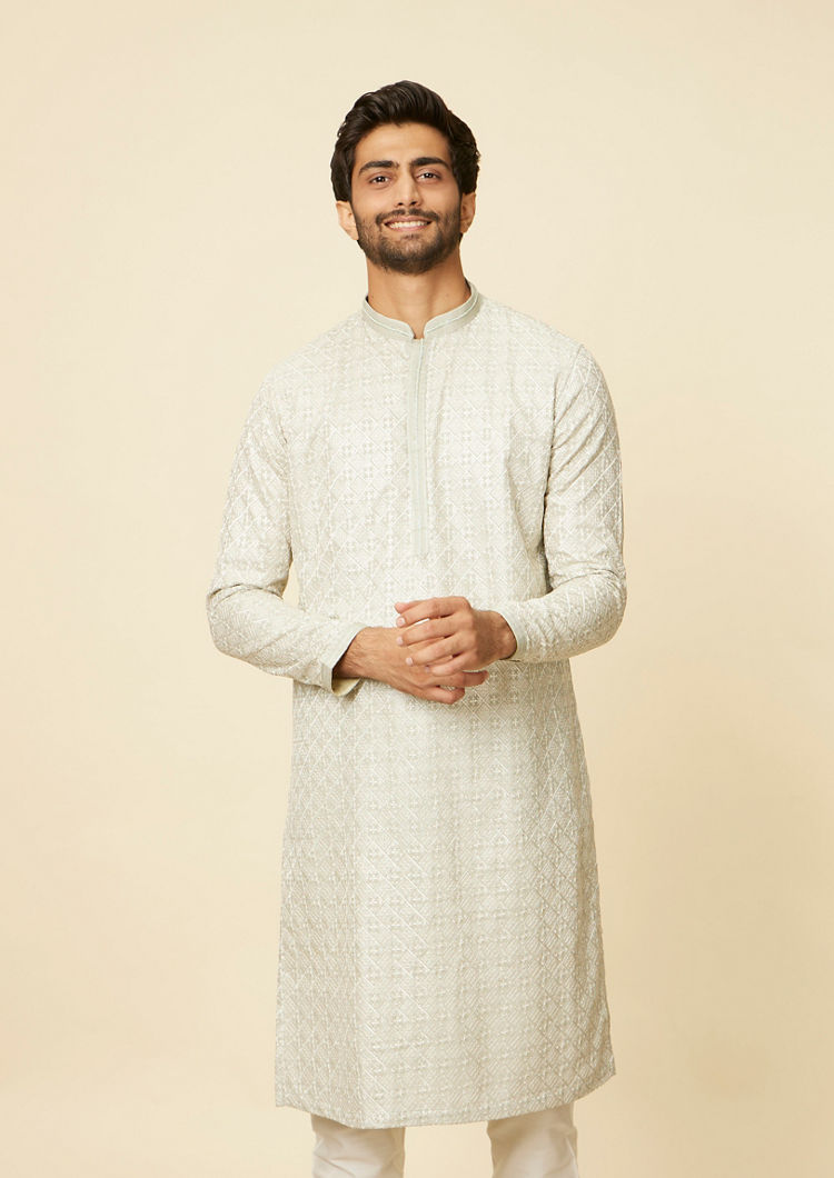 Twamev Men Pista Green Self Patterned Kurta set