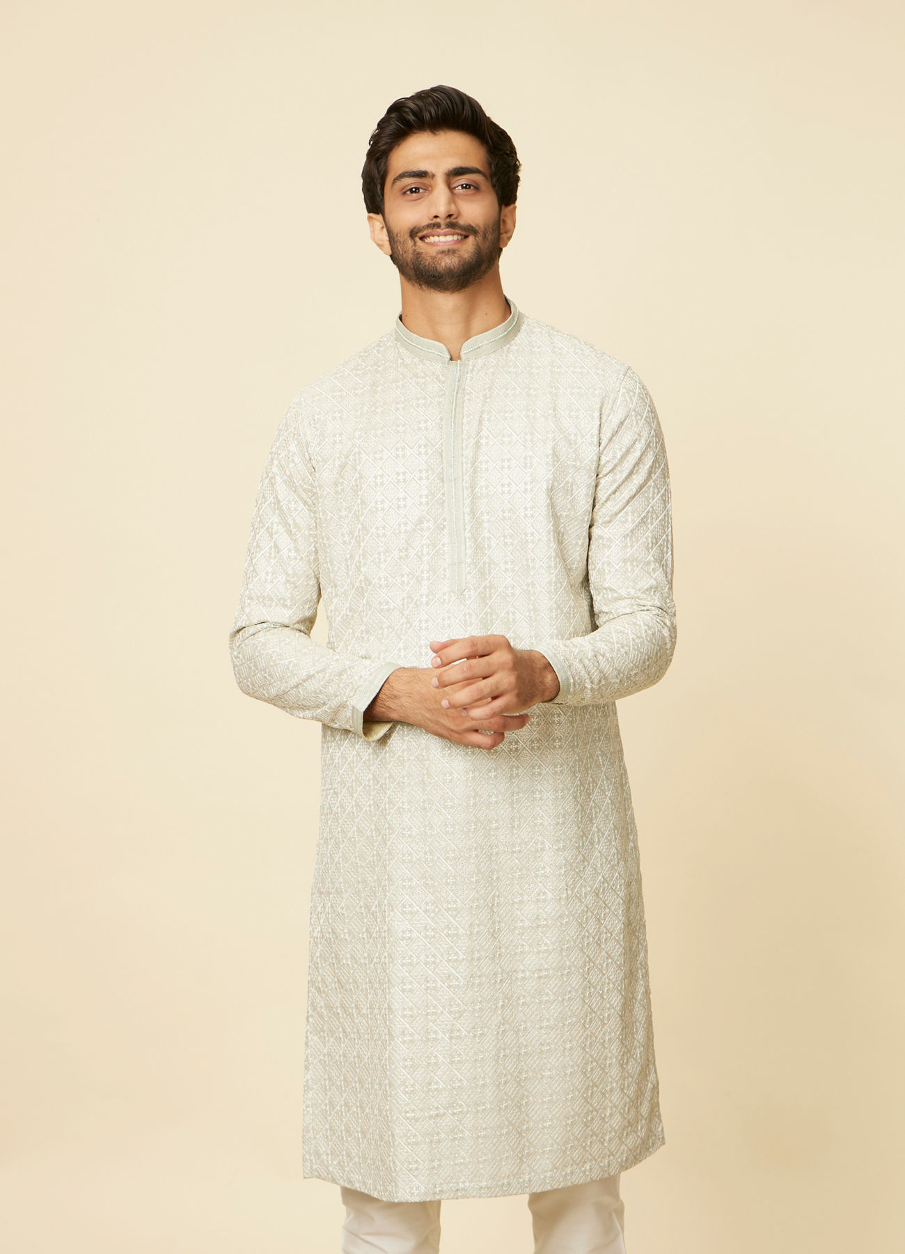 Twamev Men Pista Green Self Patterned Kurta set