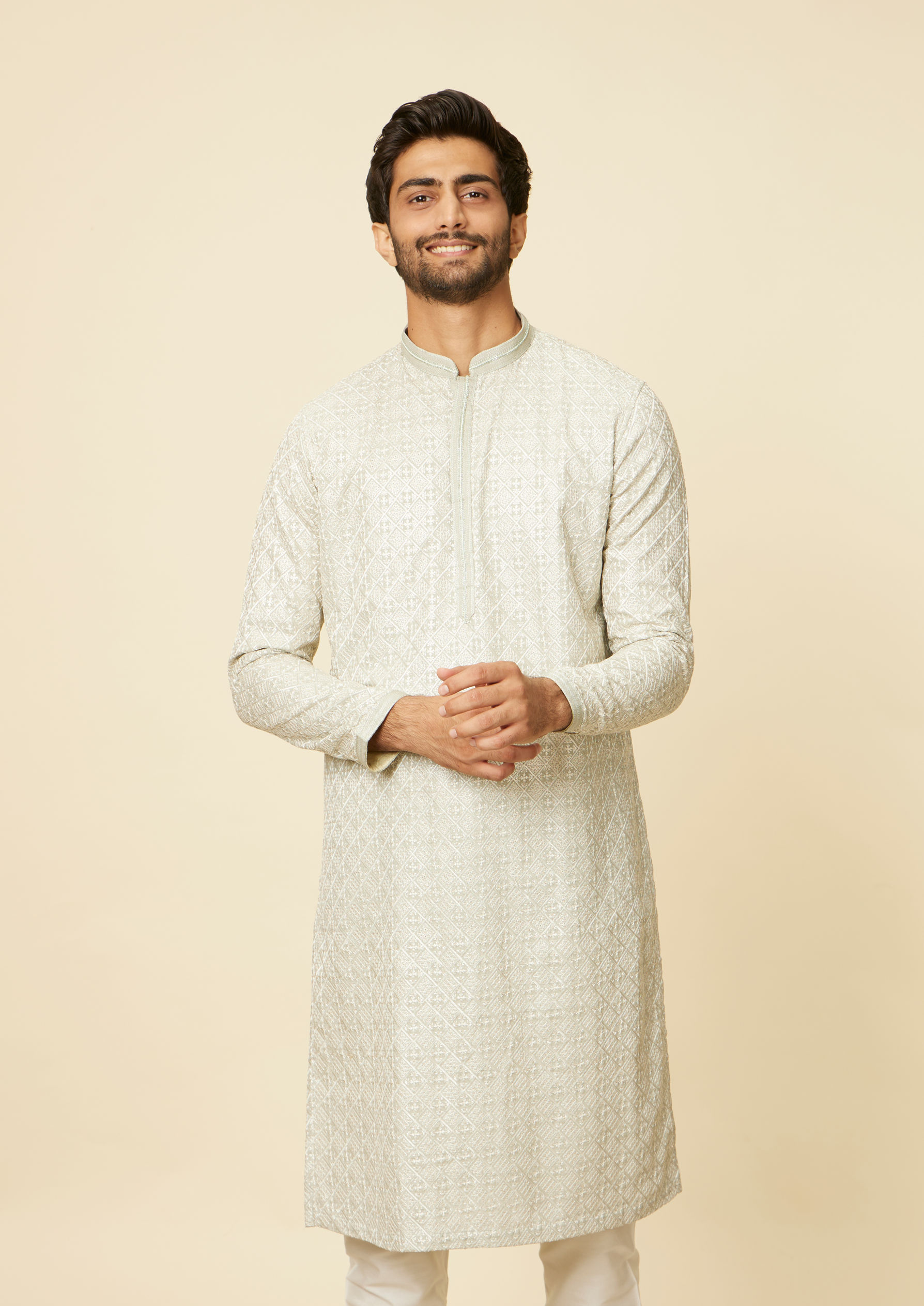 Twamev Men Pista Green Self Patterned Kurta set