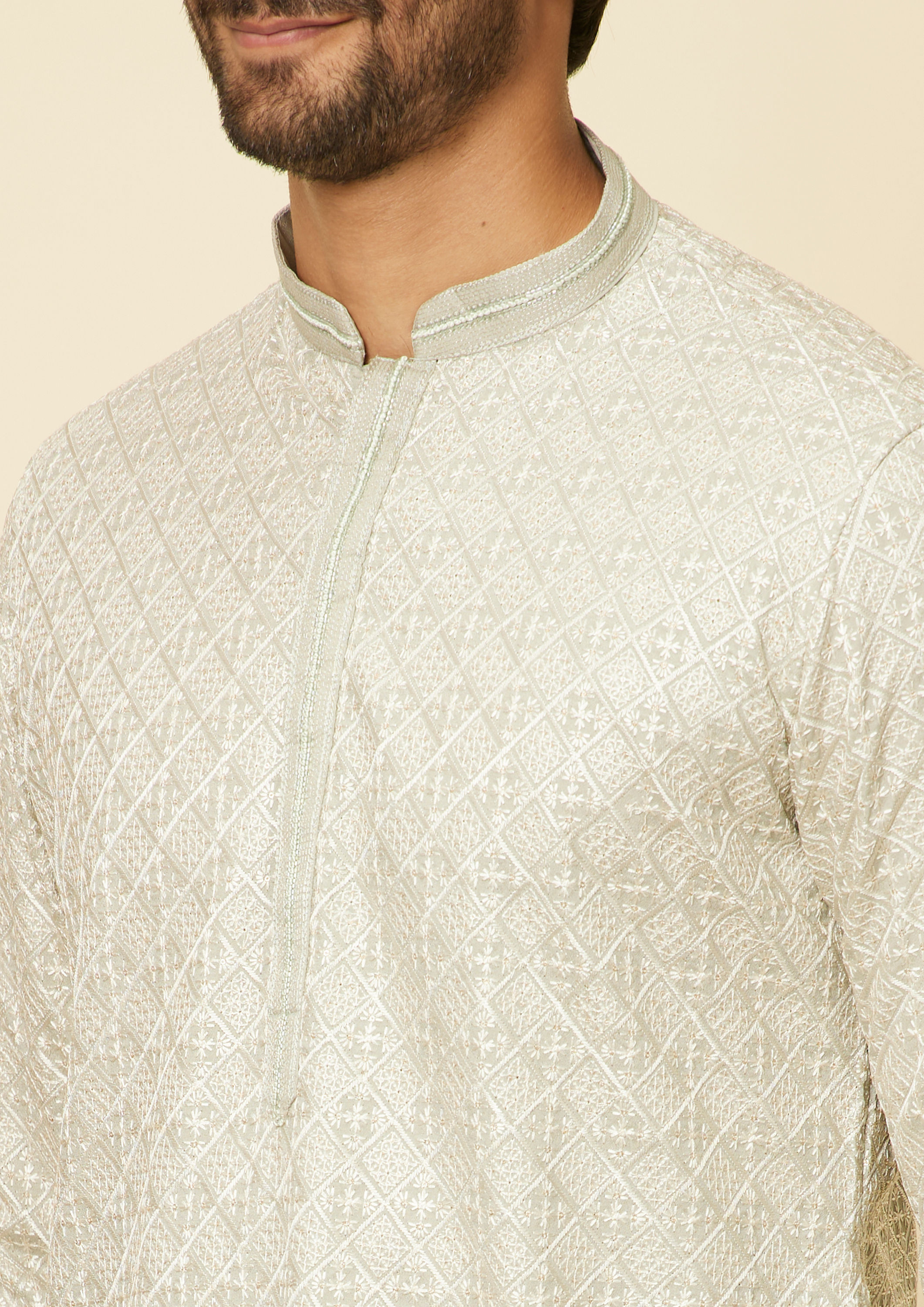 Twamev Men Pista Green Self Patterned Kurta set