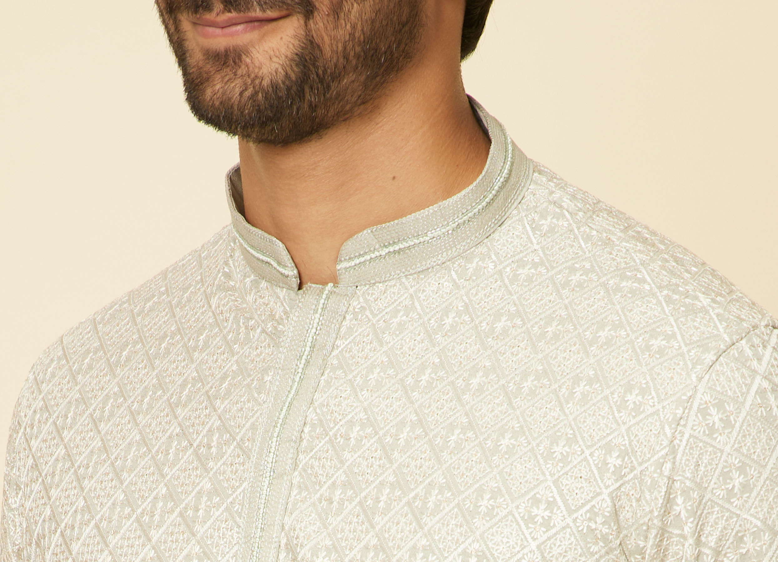 Twamev Men Pista Green Self Patterned Kurta set