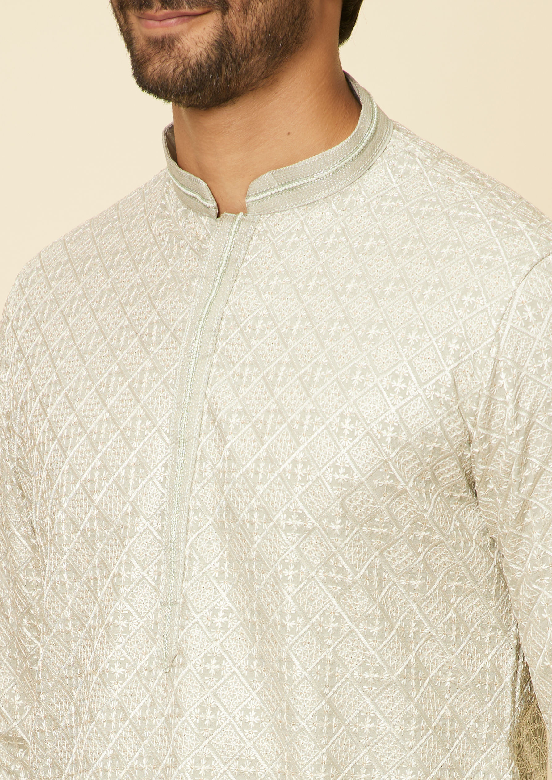 Twamev Men Pista Green Self Patterned Kurta set