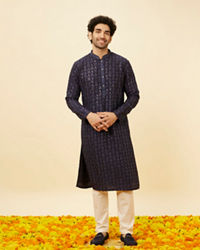 Twamev Men Navy Blue Sequined Shankh Motif Kurta Set