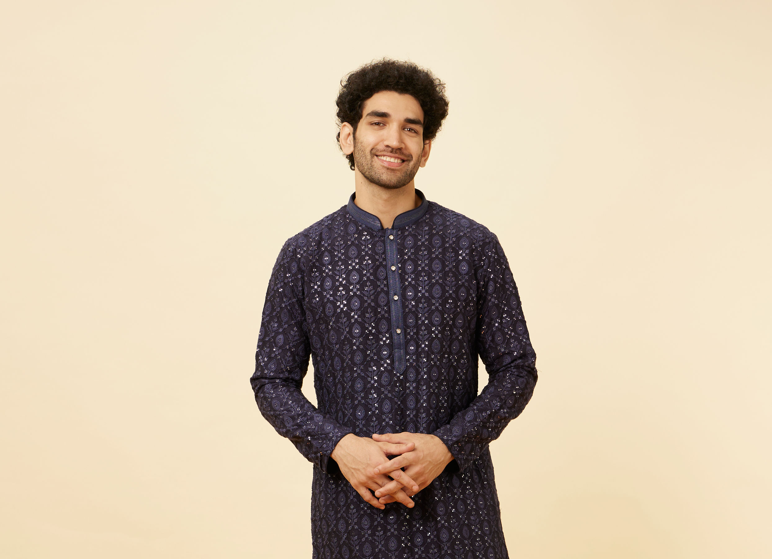 Twamev Men Navy Blue Sequined Shankh Motif Kurta Set