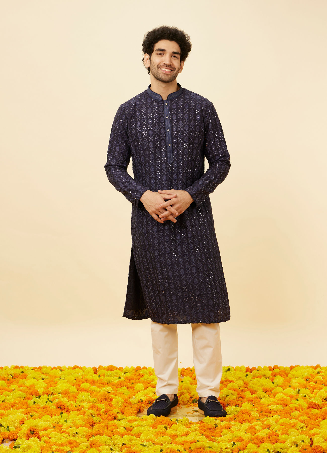 Twamev Men Navy Blue Sequined Shankh Motif Kurta Set