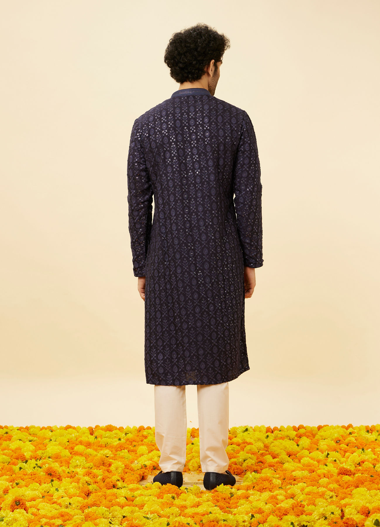 Twamev Men Navy Blue Sequined Shankh Motif Kurta Set