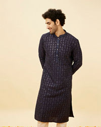 Twamev Men Navy Blue Sequined Shankh Motif Kurta Set