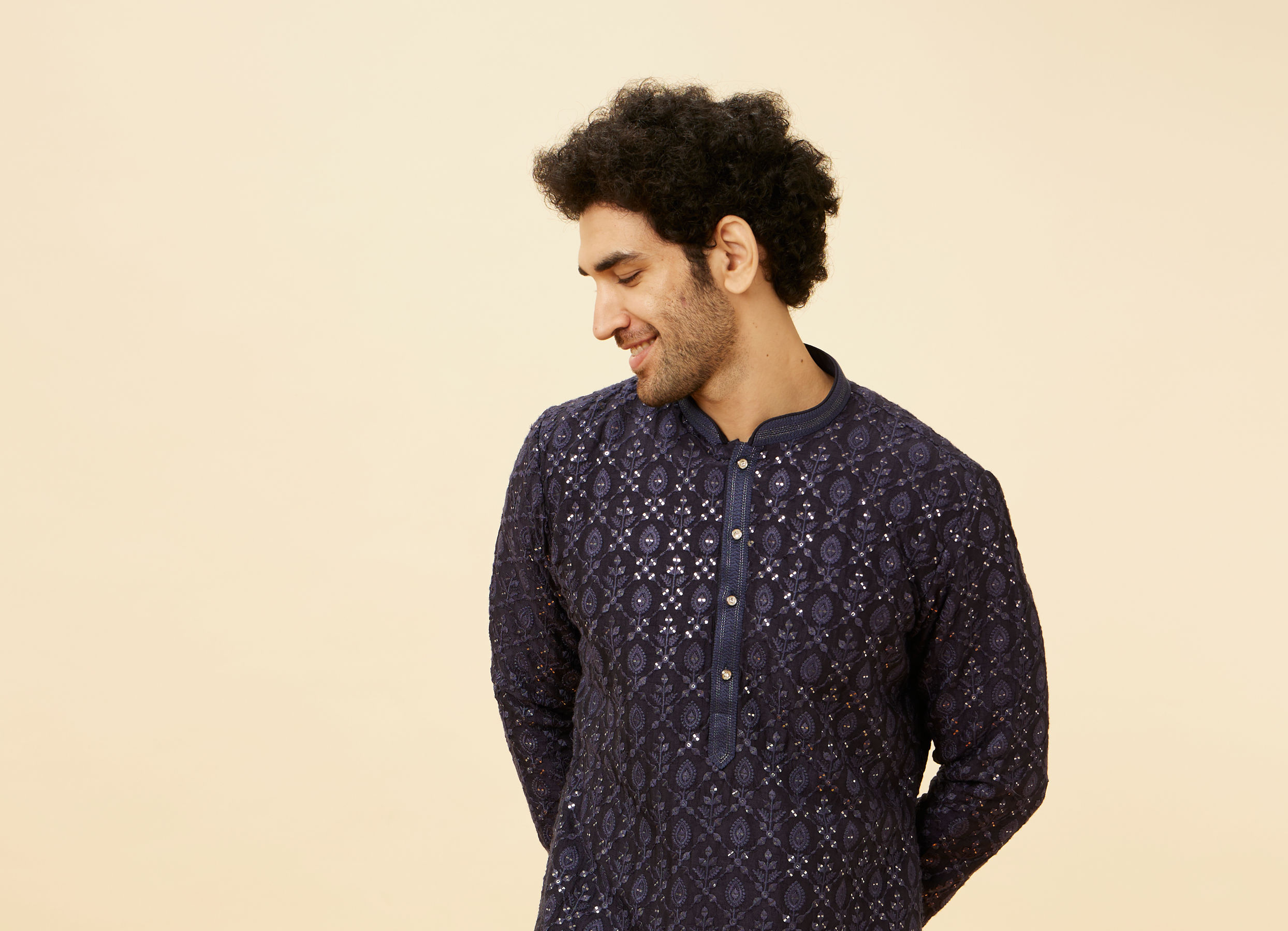 Twamev Men Navy Blue Sequined Shankh Motif Kurta Set