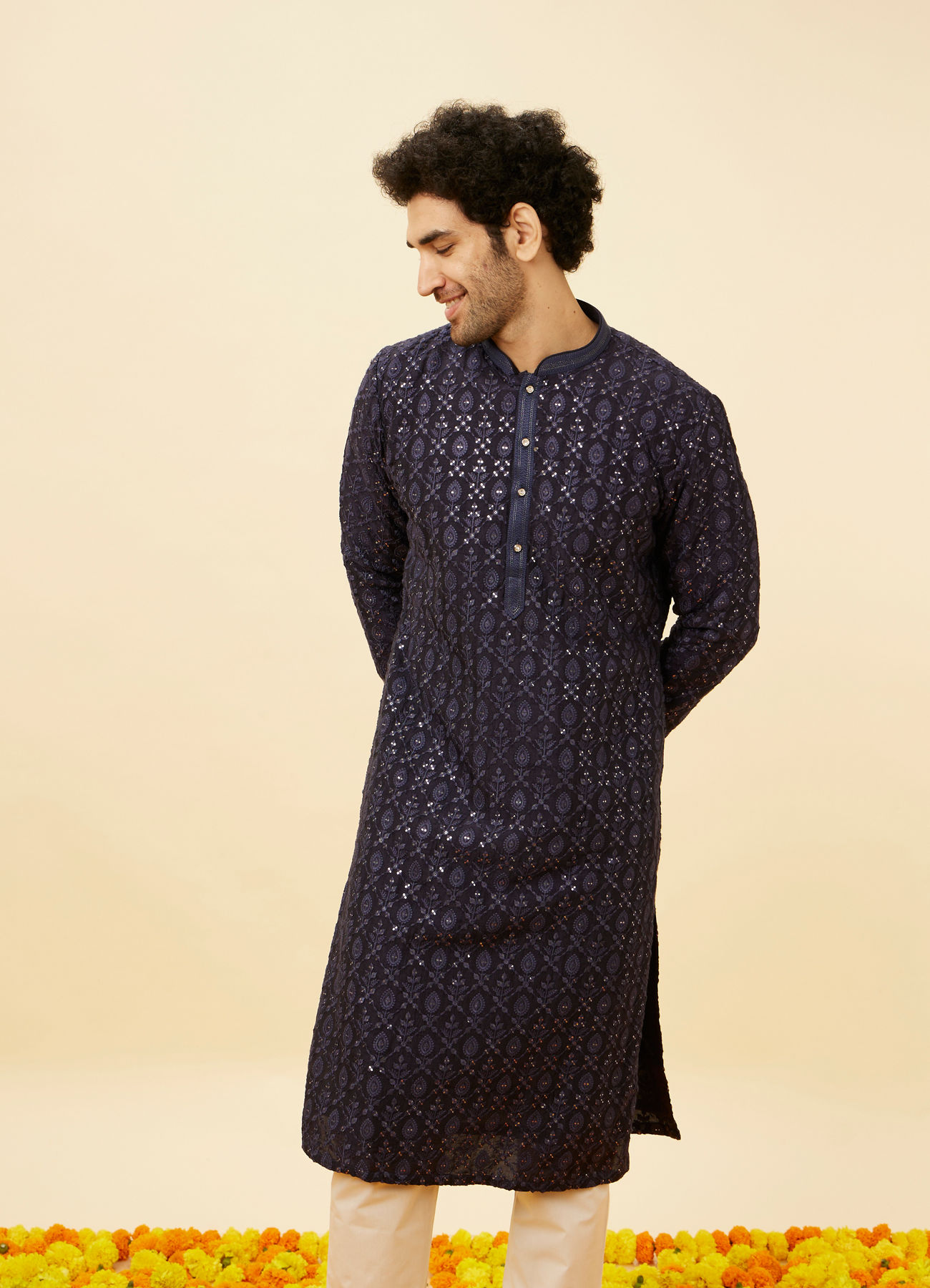 Twamev Men Navy Blue Sequined Shankh Motif Kurta Set