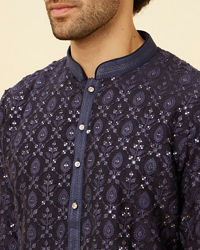 Twamev Men Navy Blue Sequined Shankh Motif Kurta Set