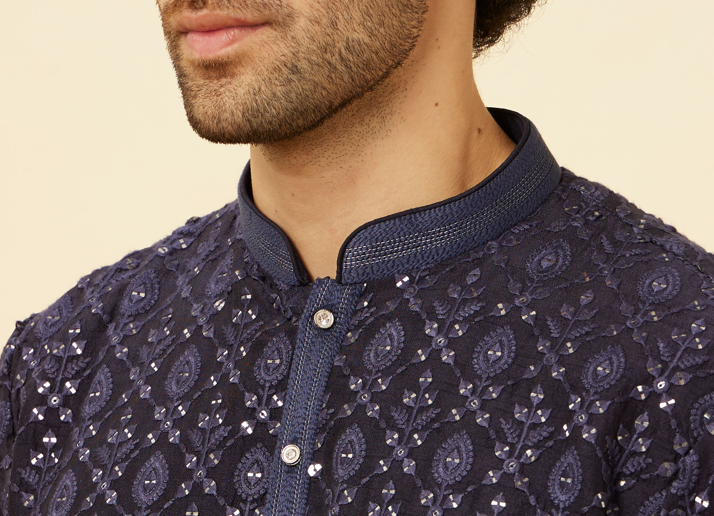 Twamev Men Navy Blue Sequined Shankh Motif Kurta Set