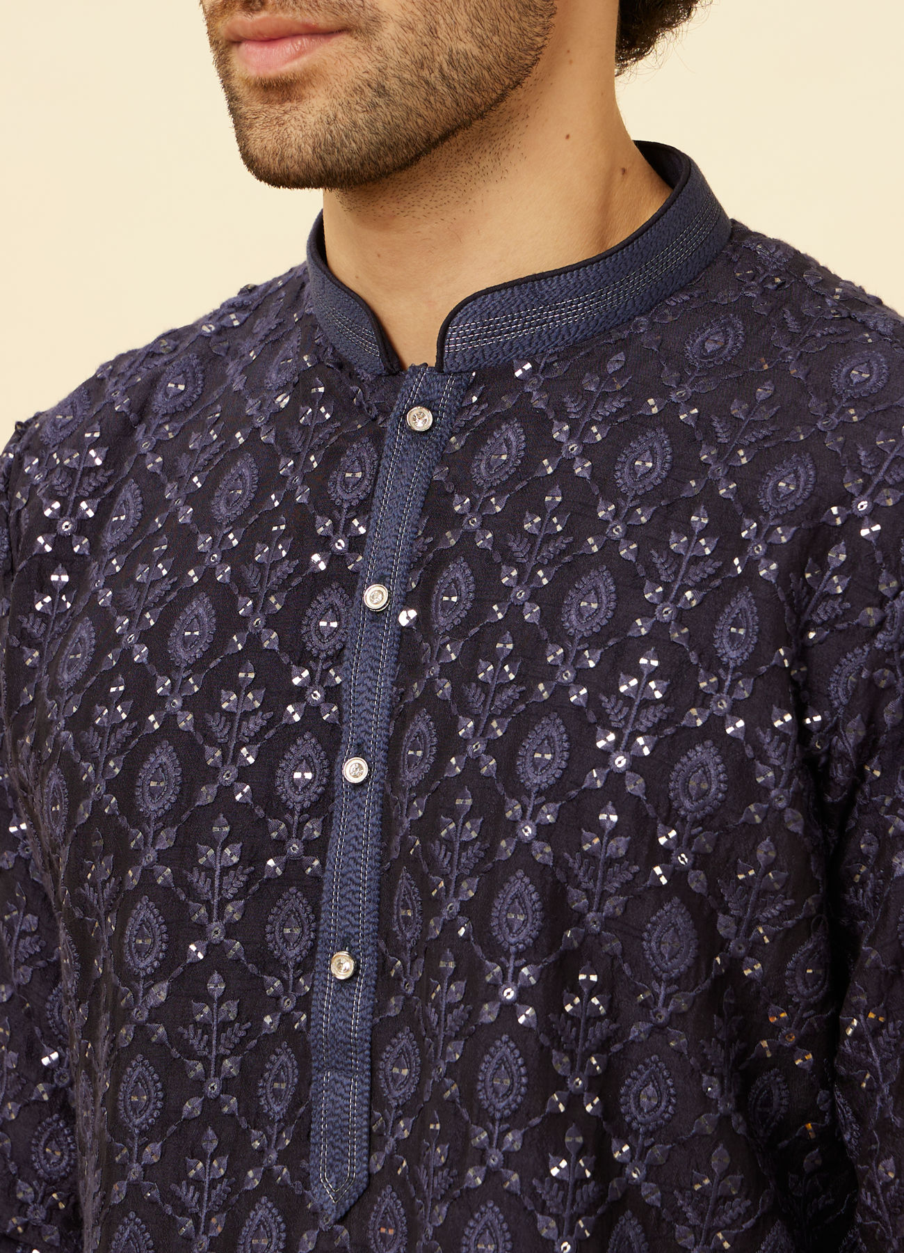 Twamev Men Navy Blue Sequined Shankh Motif Kurta Set