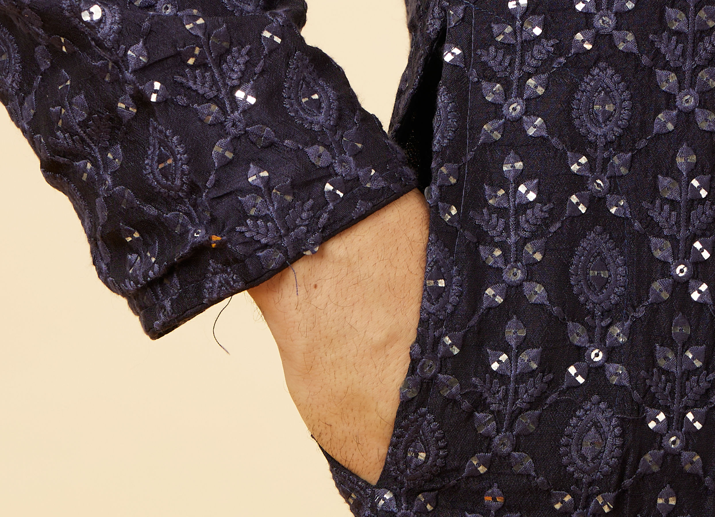 Twamev Men Navy Blue Sequined Shankh Motif Kurta Set