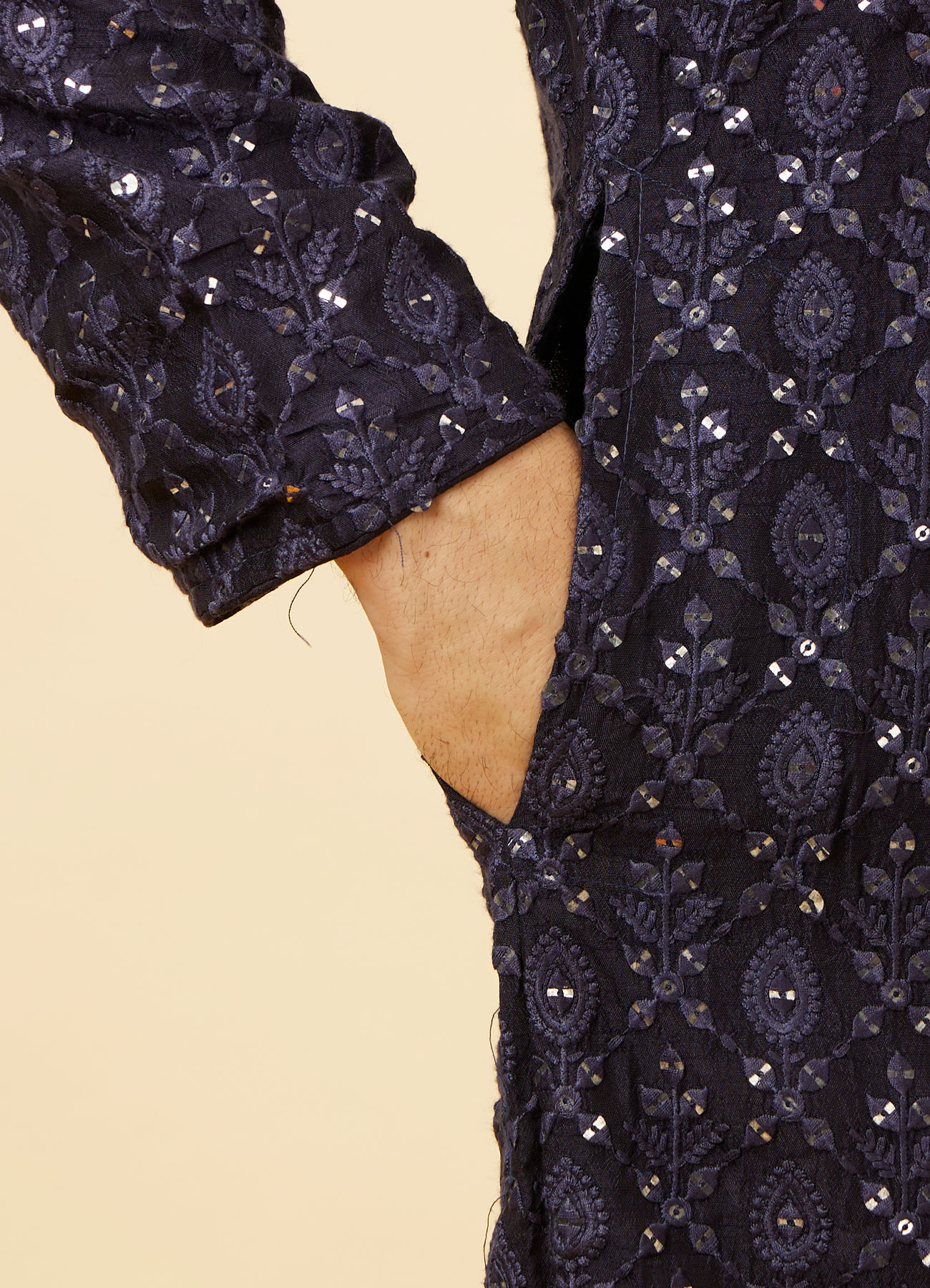 Twamev Men Navy Blue Sequined Shankh Motif Kurta Set