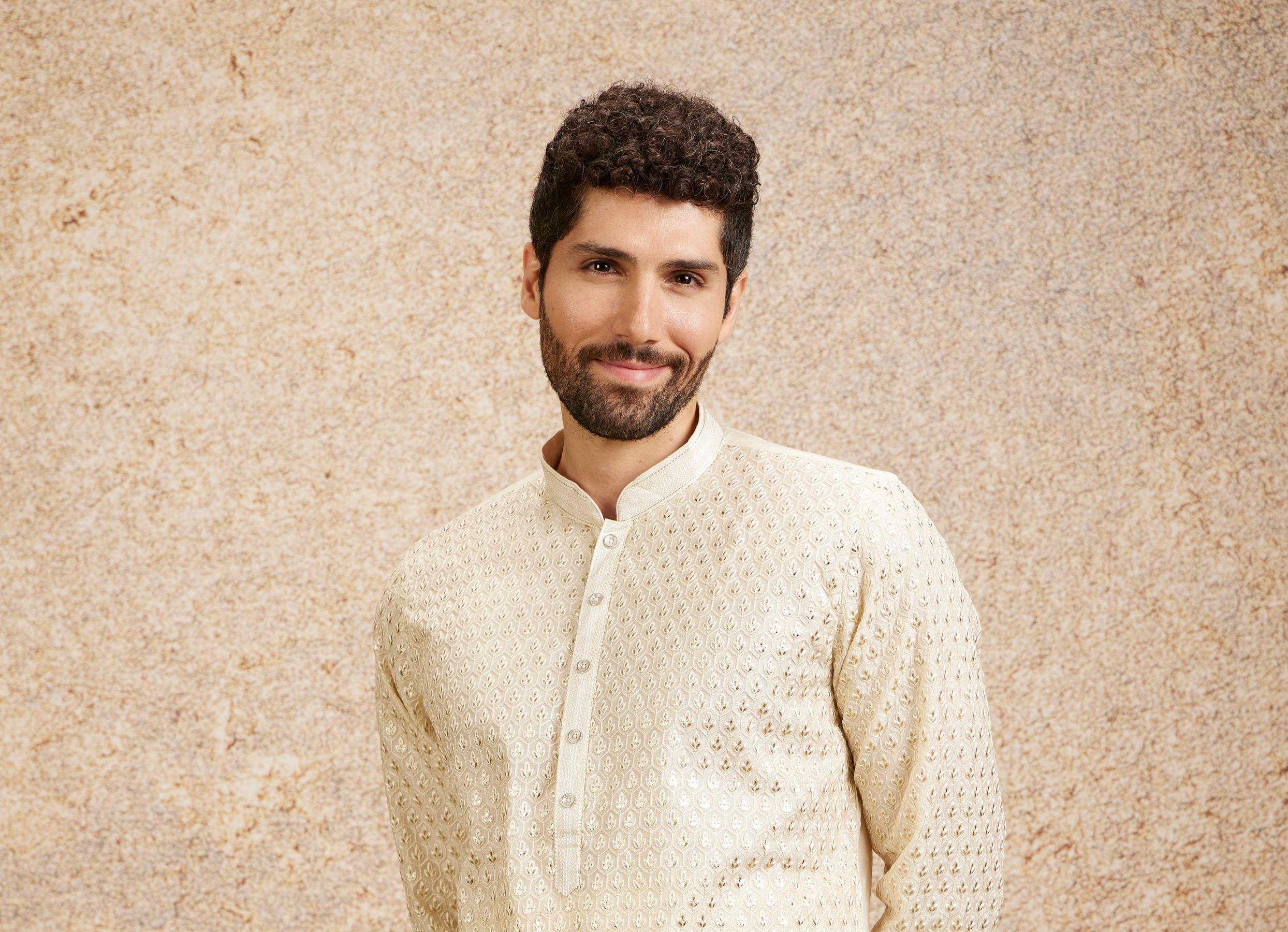 Twamev Men Cream Fern Buta Motif Patterned Kurta Set