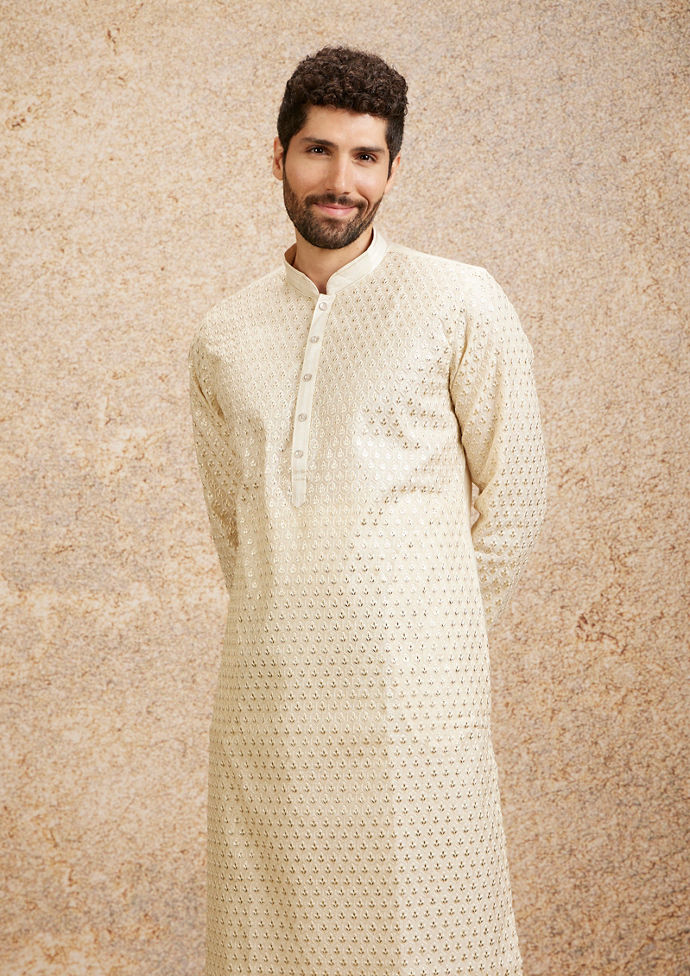 Twamev Men Ivory Silk Fern Buta Motif Woven Kurta Set