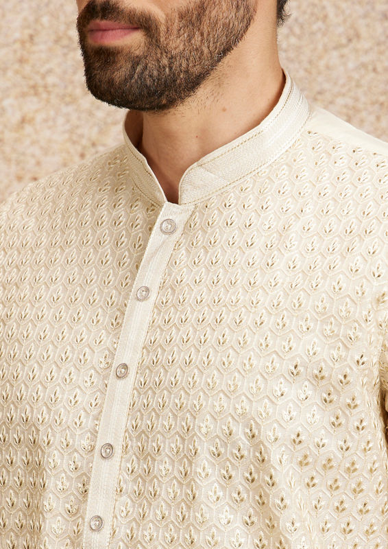 Twamev Men Cream Fern Buta Motif Patterned Kurta Set