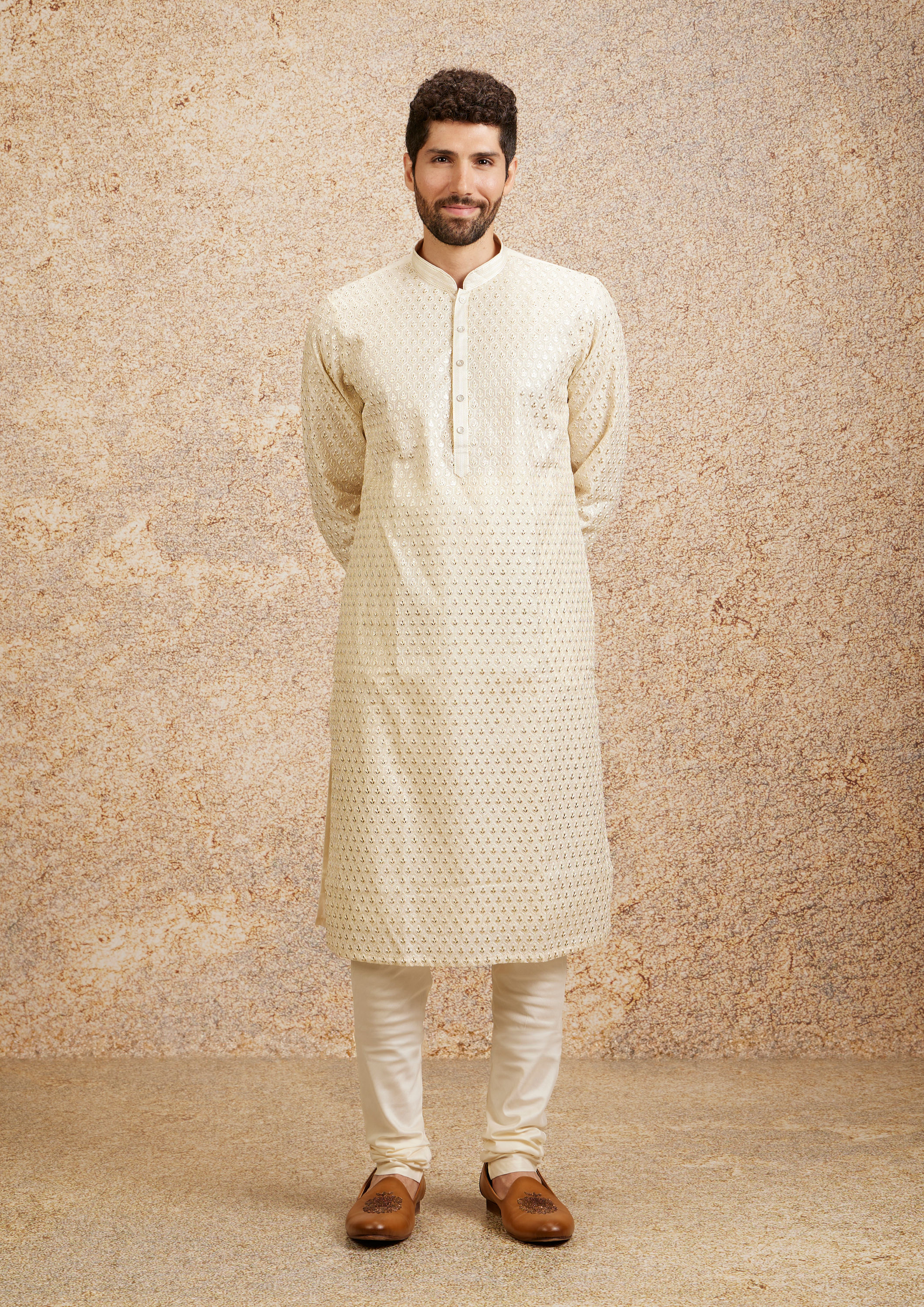 Twamev Men Cream Fern Buta Motif Patterned Kurta Set