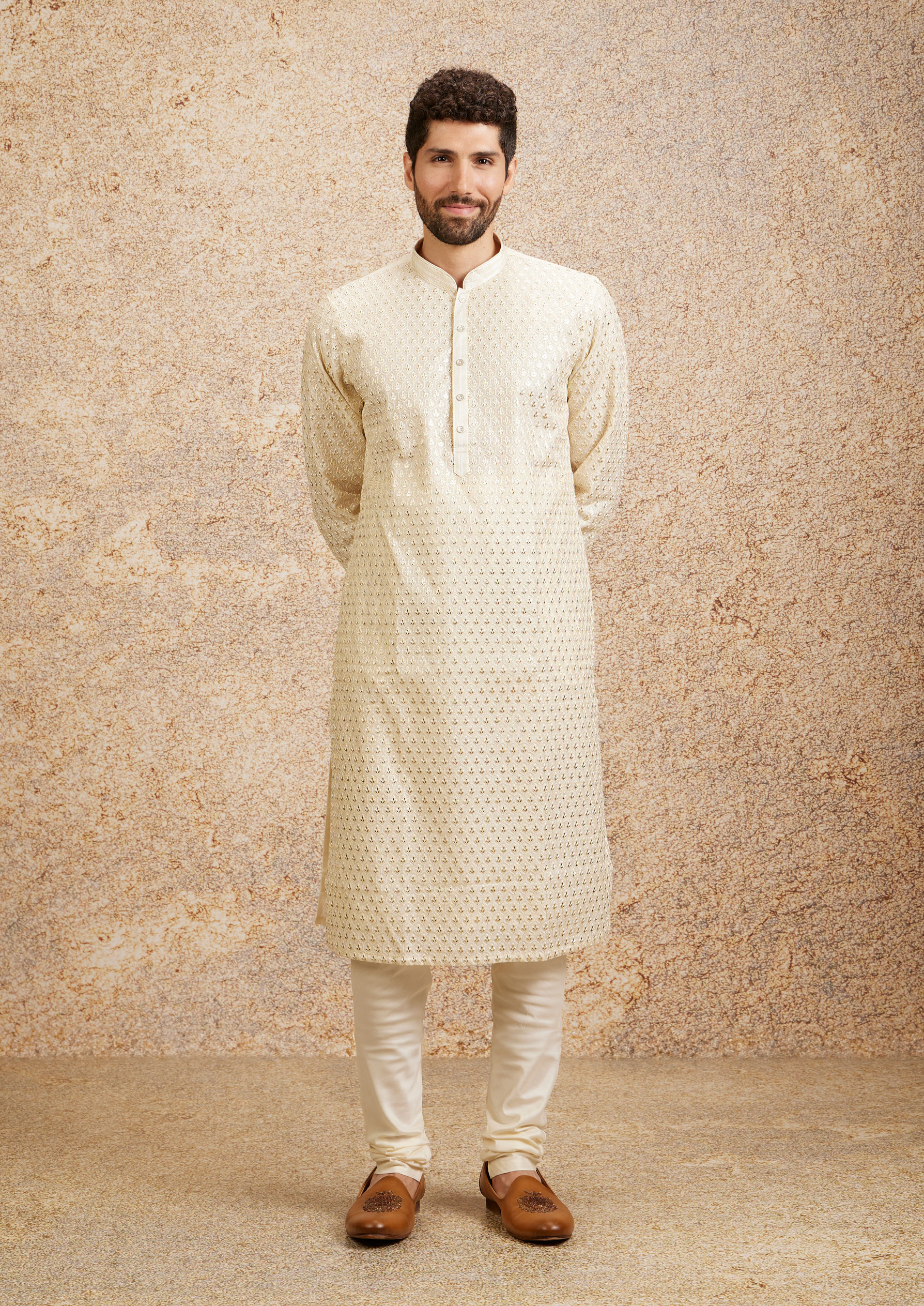 Twamev Men Cream Fern Buta Motif Patterned Kurta Set