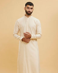 Twamev Men Beige Kurta Pajama Set with Subtle Thread Embroidery