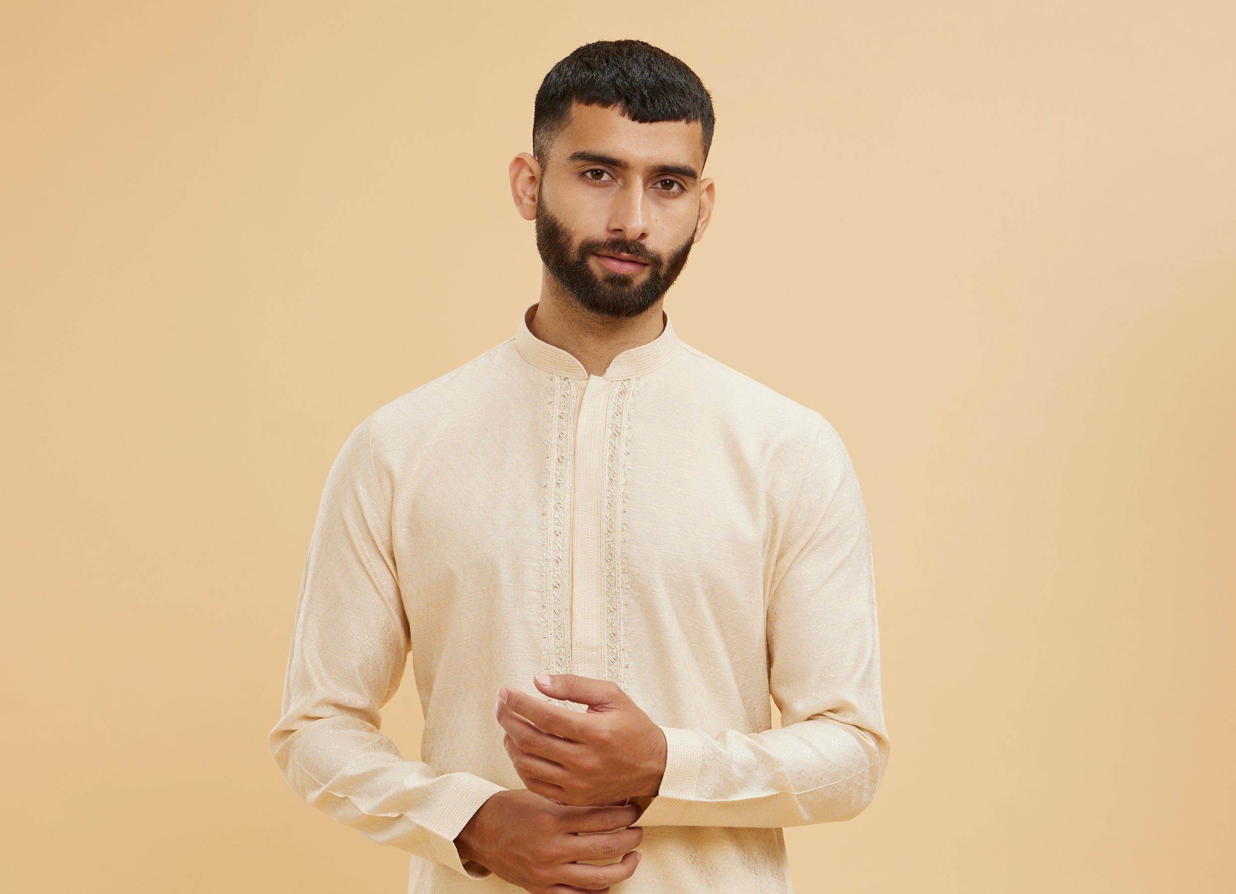 Twamev Men Beige Kurta Pajama Set with Subtle Thread Embroidery