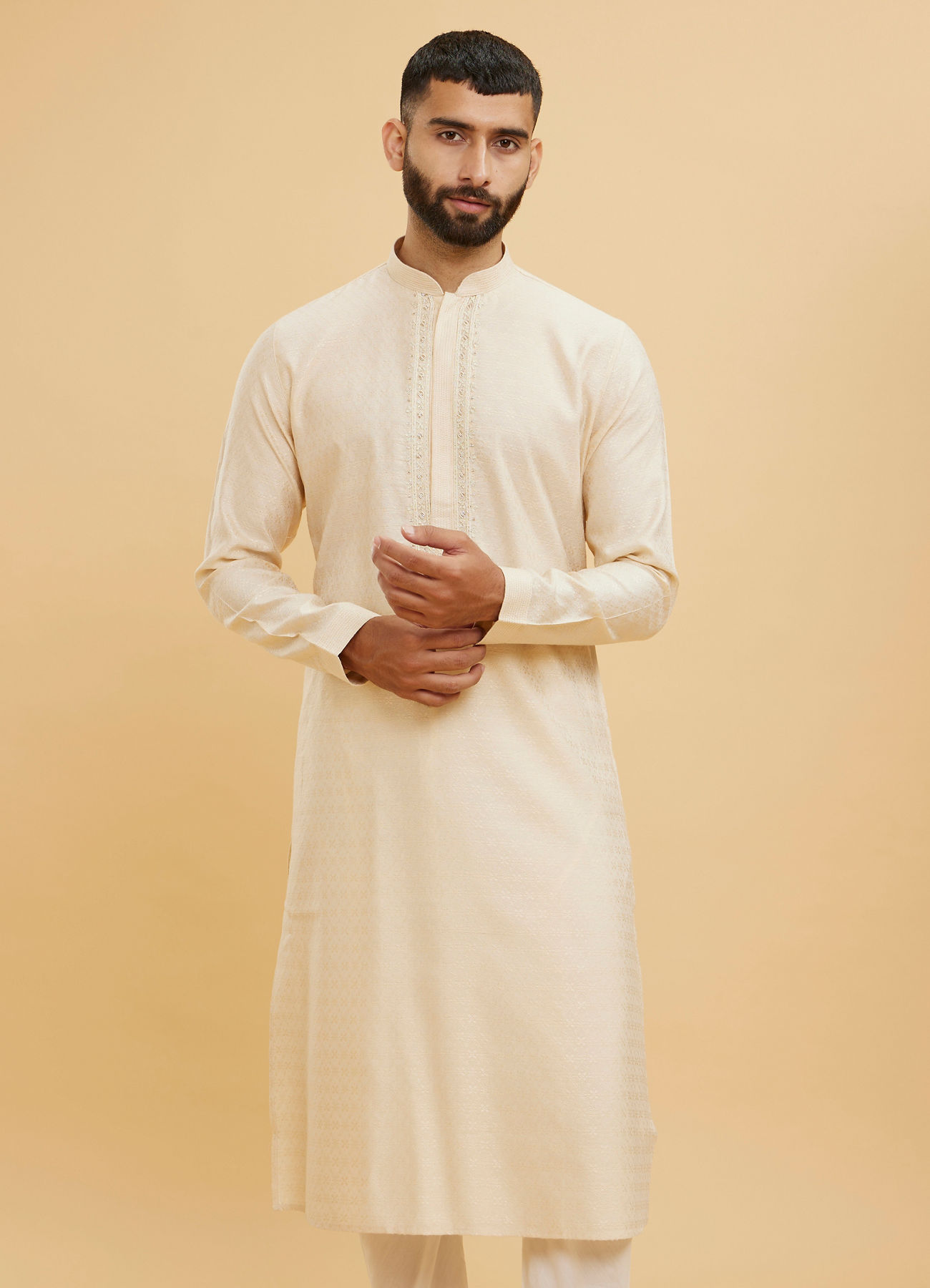Twamev Men Beige Kurta Pajama Set with Subtle Thread Embroidery