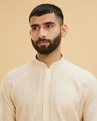 Twamev Men Beige Kurta Pajama Set with Subtle Thread Embroidery