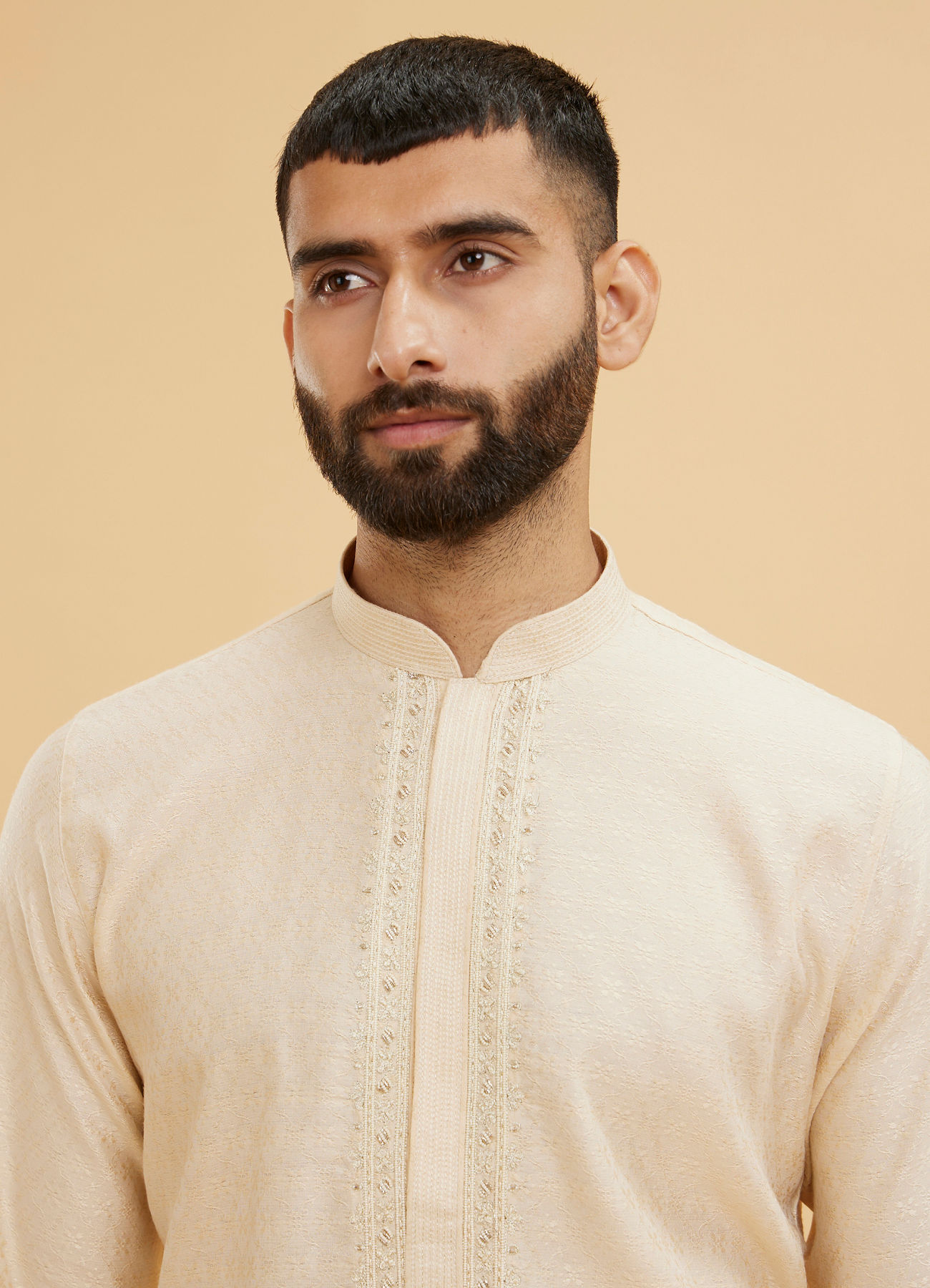 Twamev Men Beige Kurta Pajama Set with Subtle Thread Embroidery