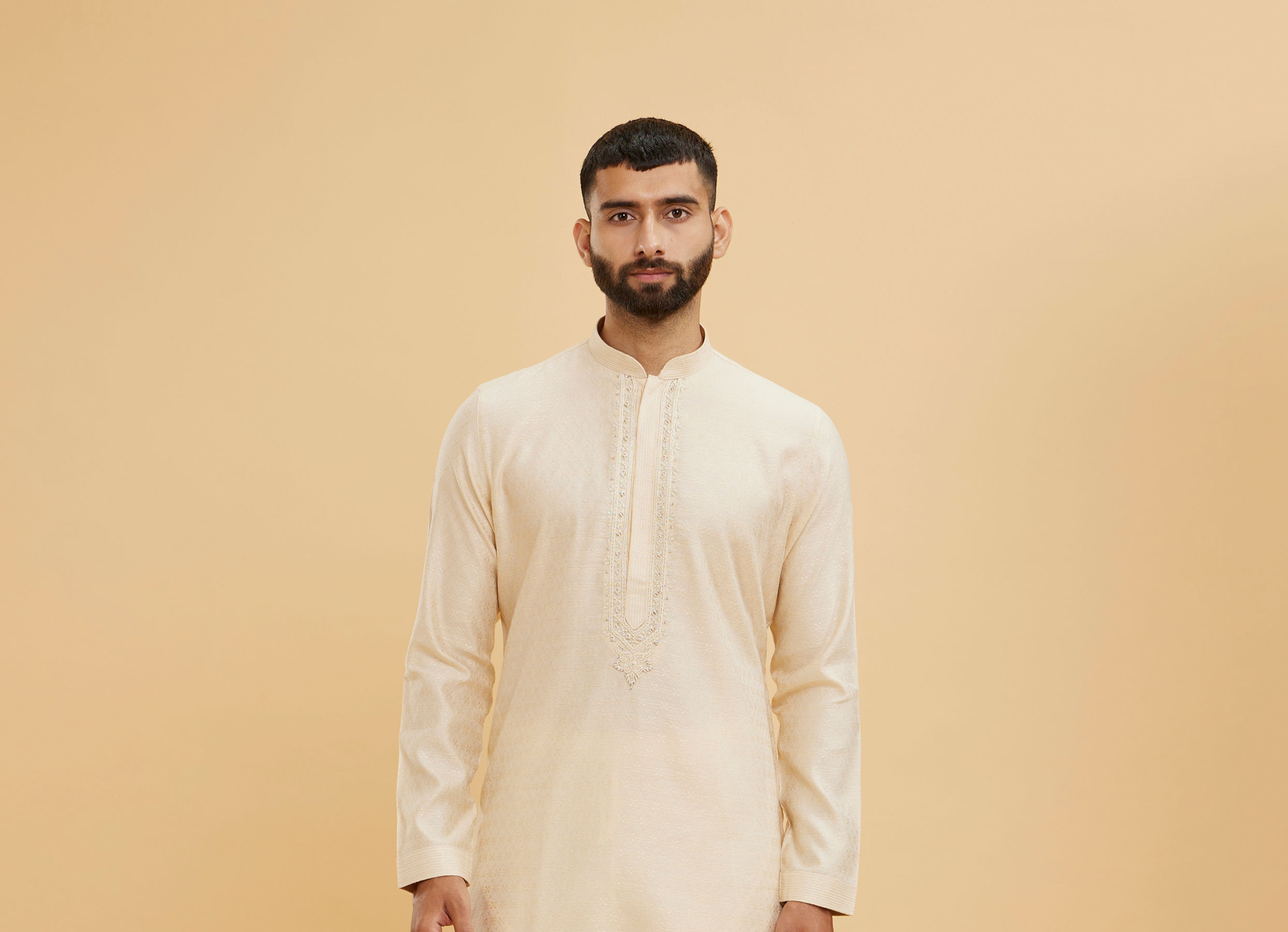 Twamev Men Beige Kurta Pajama Set with Subtle Thread Embroidery