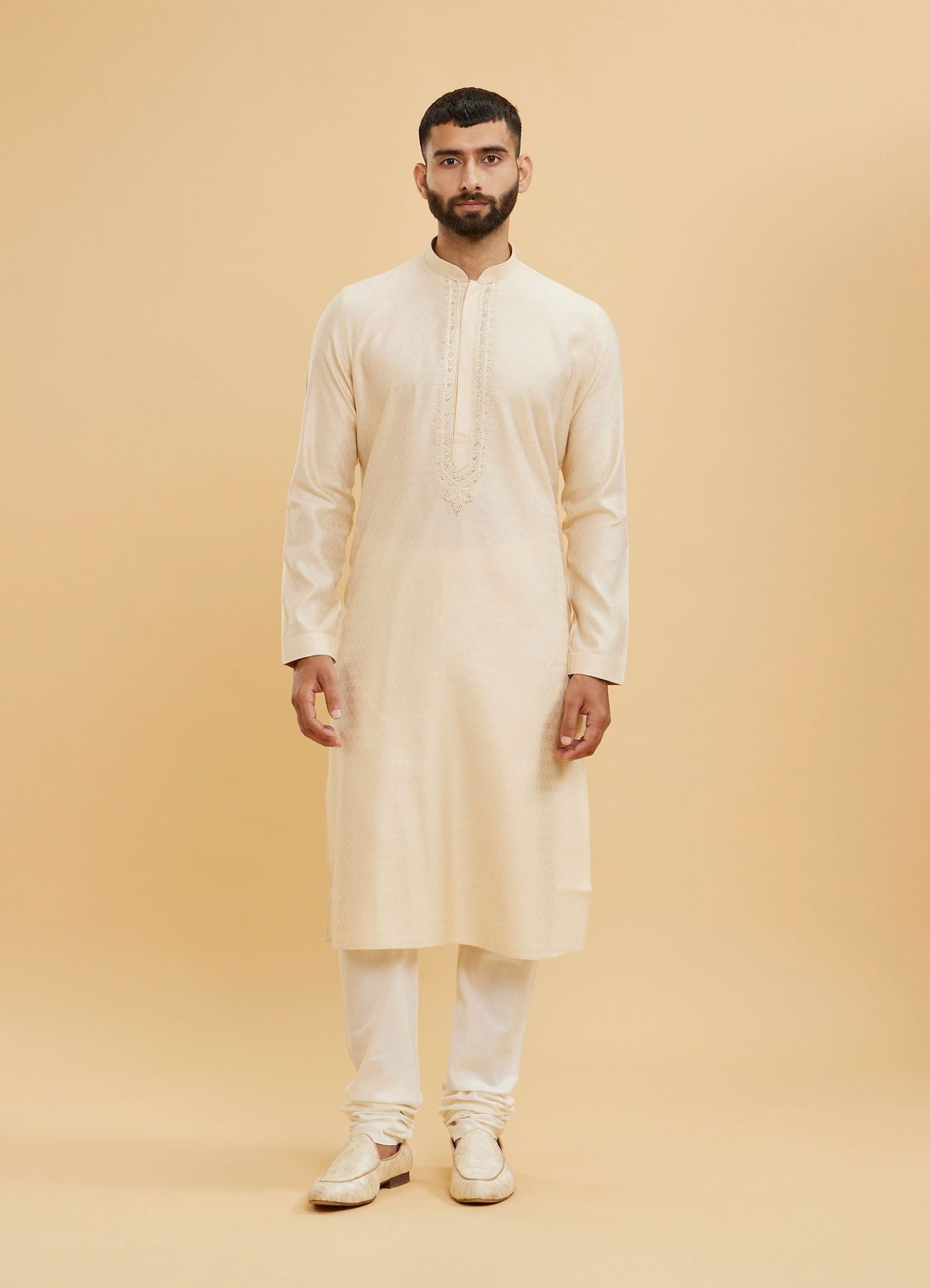 Twamev Men Beige Kurta Pajama Set with Subtle Thread Embroidery