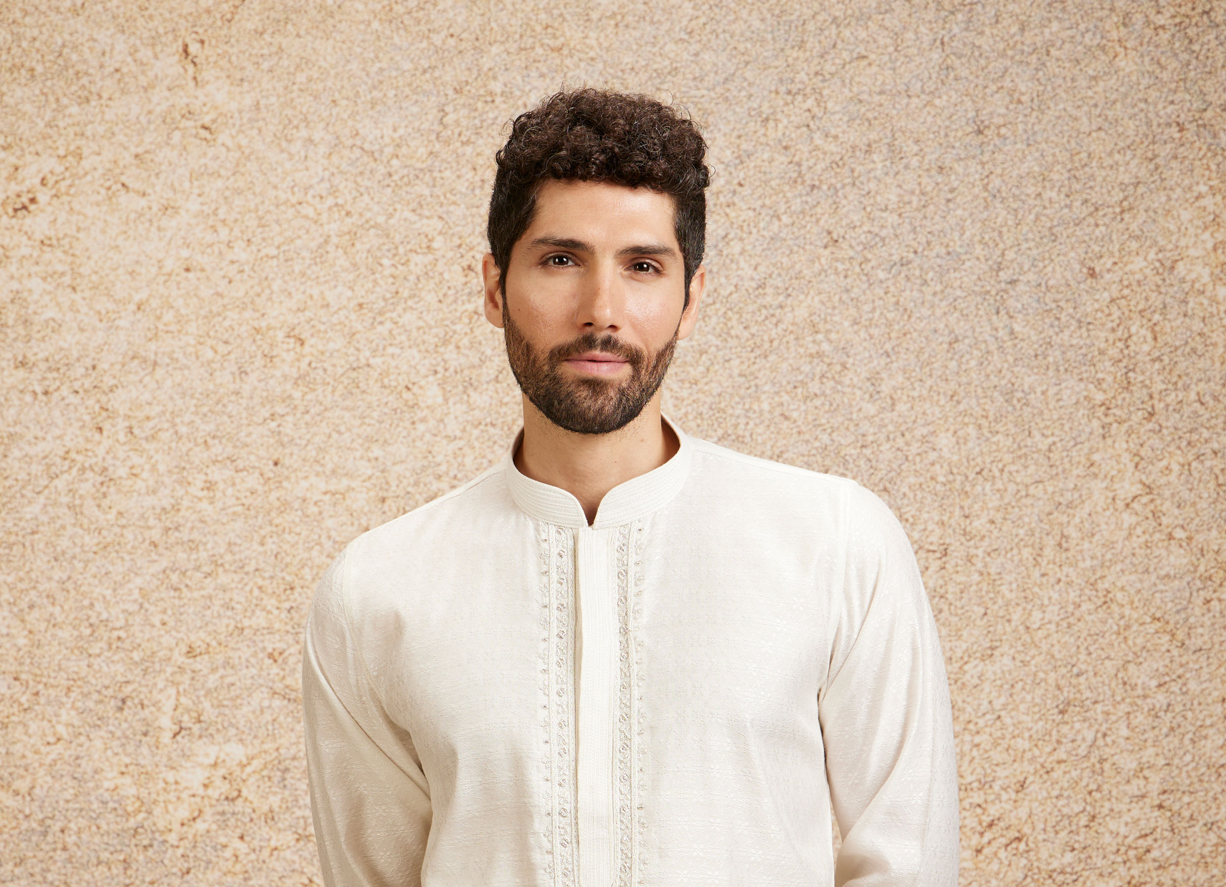 Twamev Men Embellished Warm White Kurta Pajama