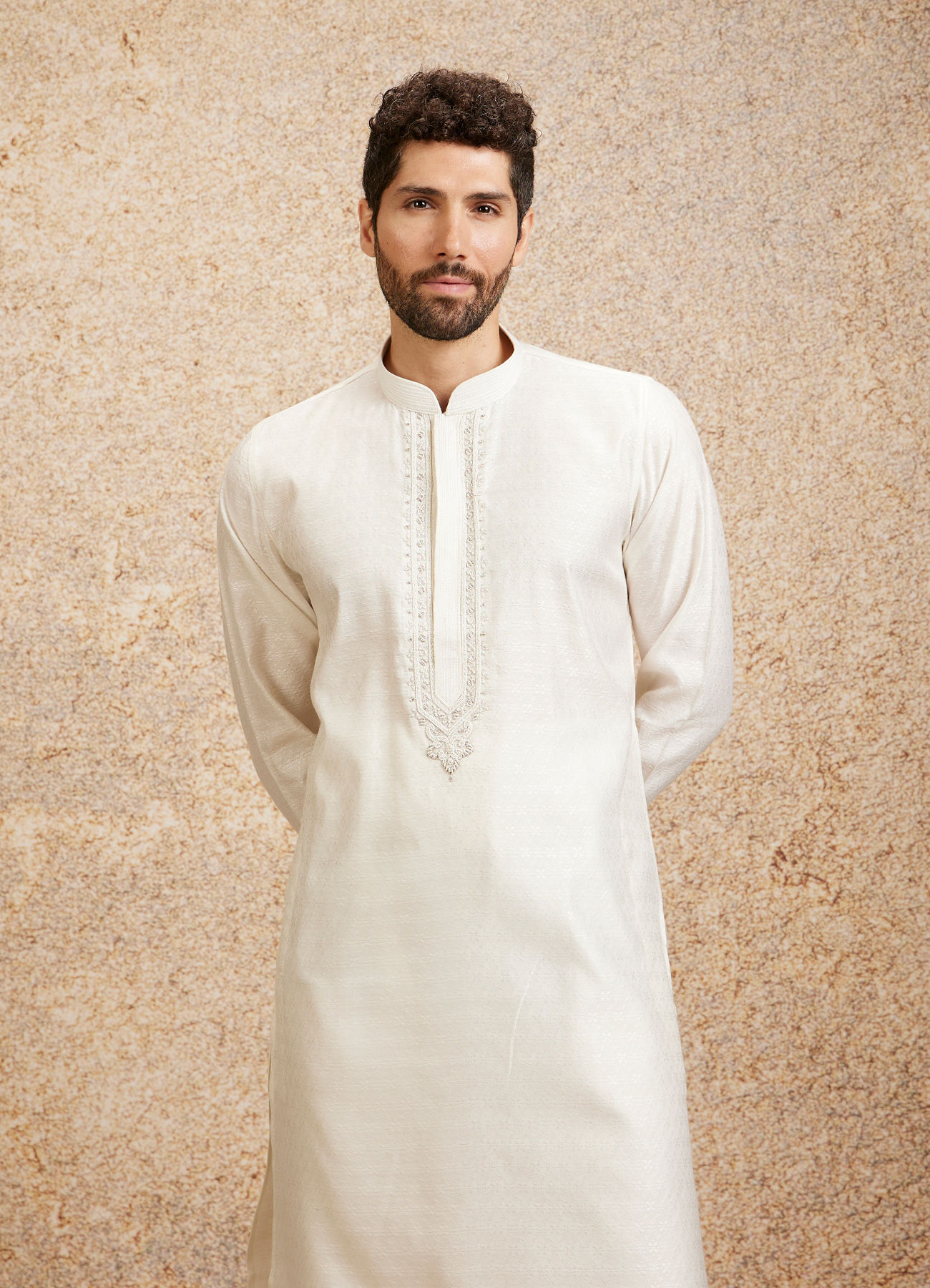 Twamev Men Embellished Warm White Kurta Pajama