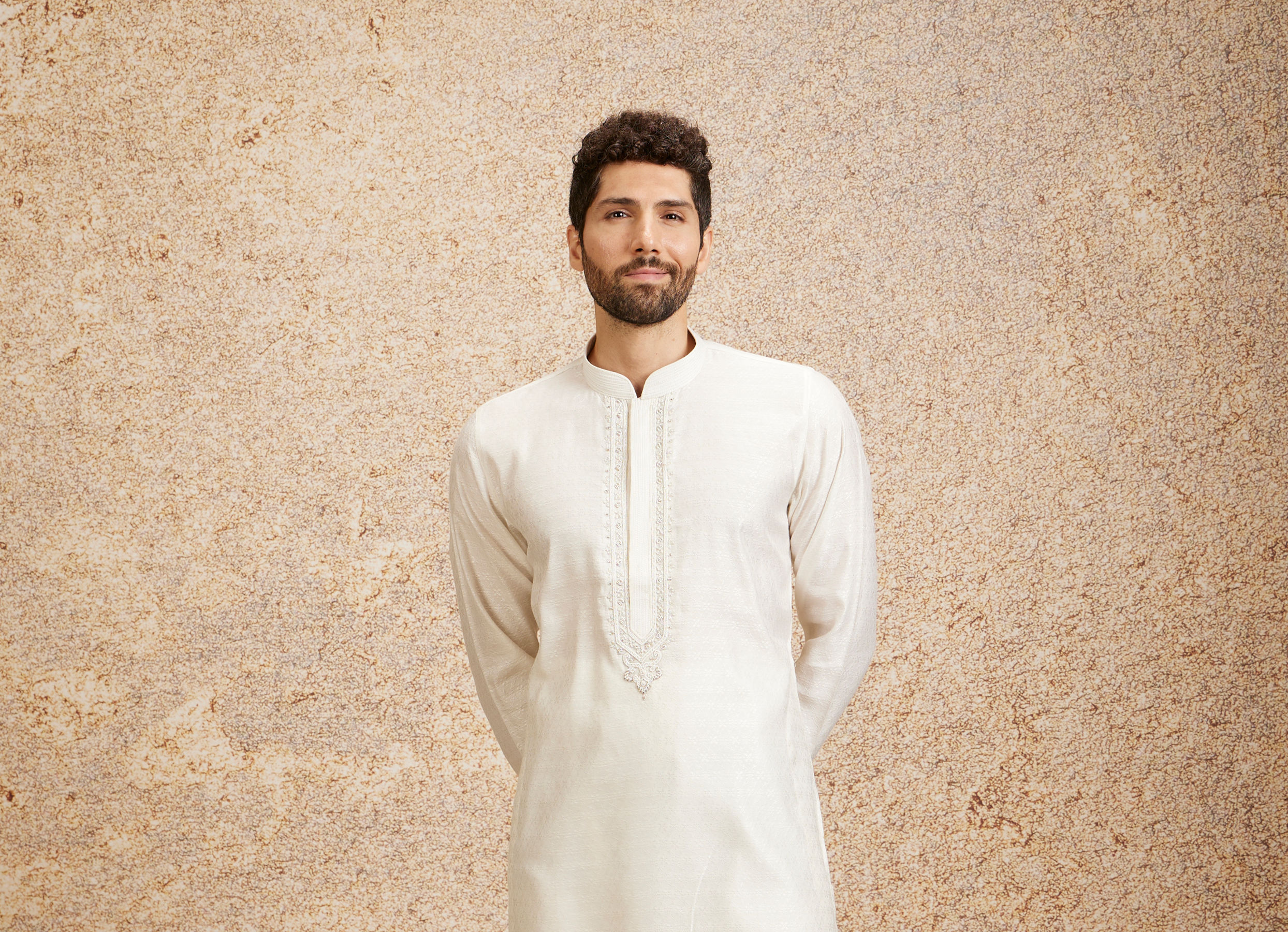 Twamev Men Embellished Warm White Kurta Pajama