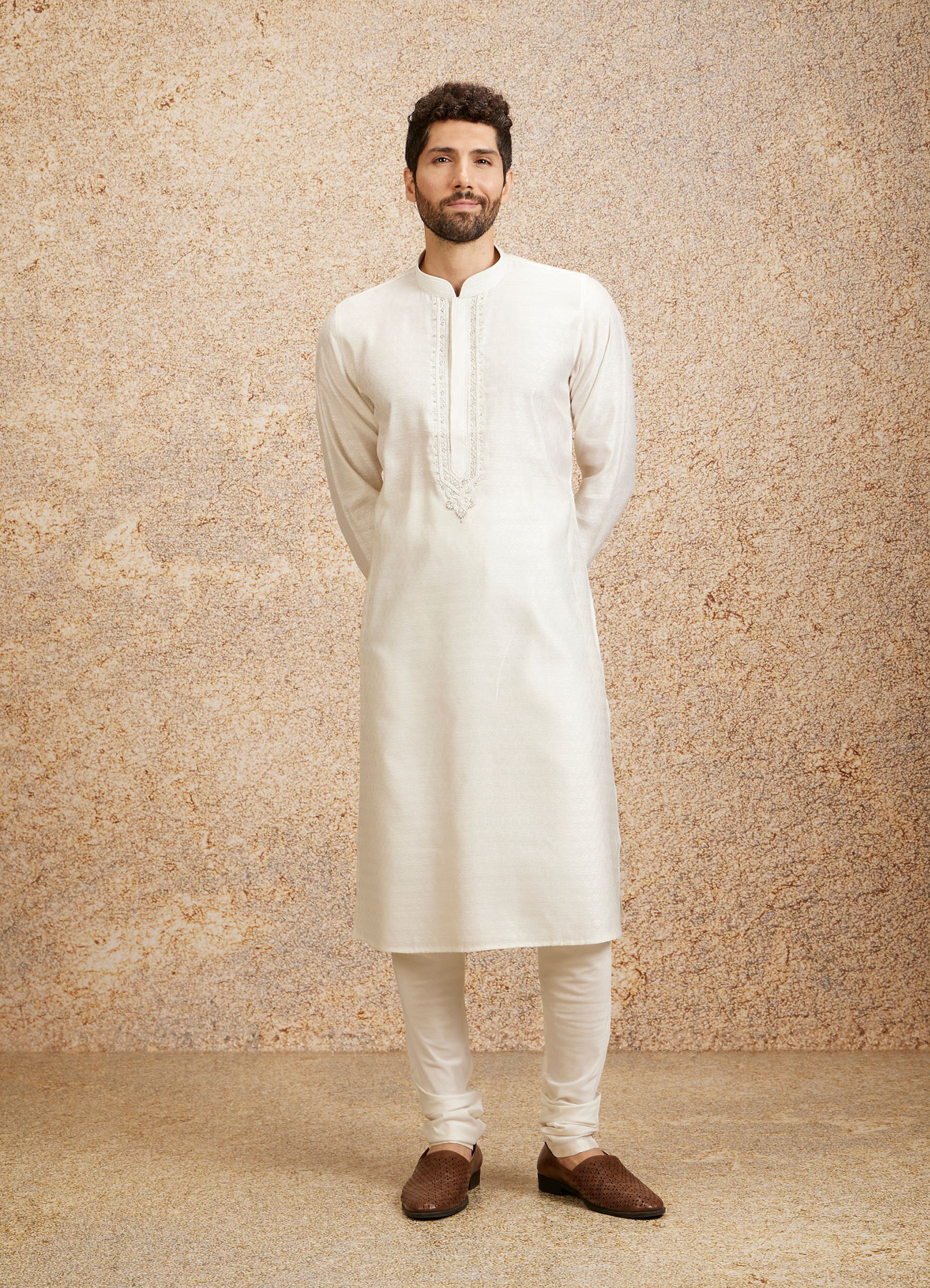 Twamev Men Embellished Warm White Kurta Pajama