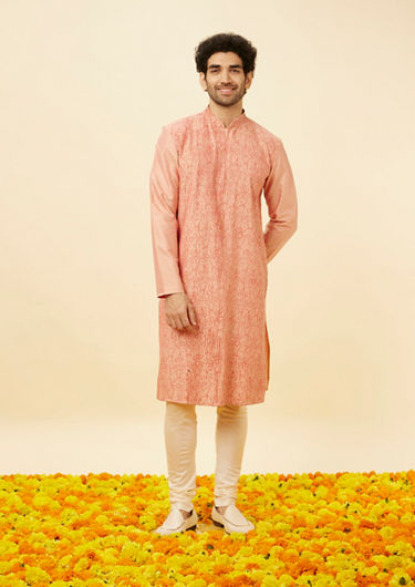 alt message - Twamev Men Peach Abstract Patterned Thread Work Kurta Set image number 2